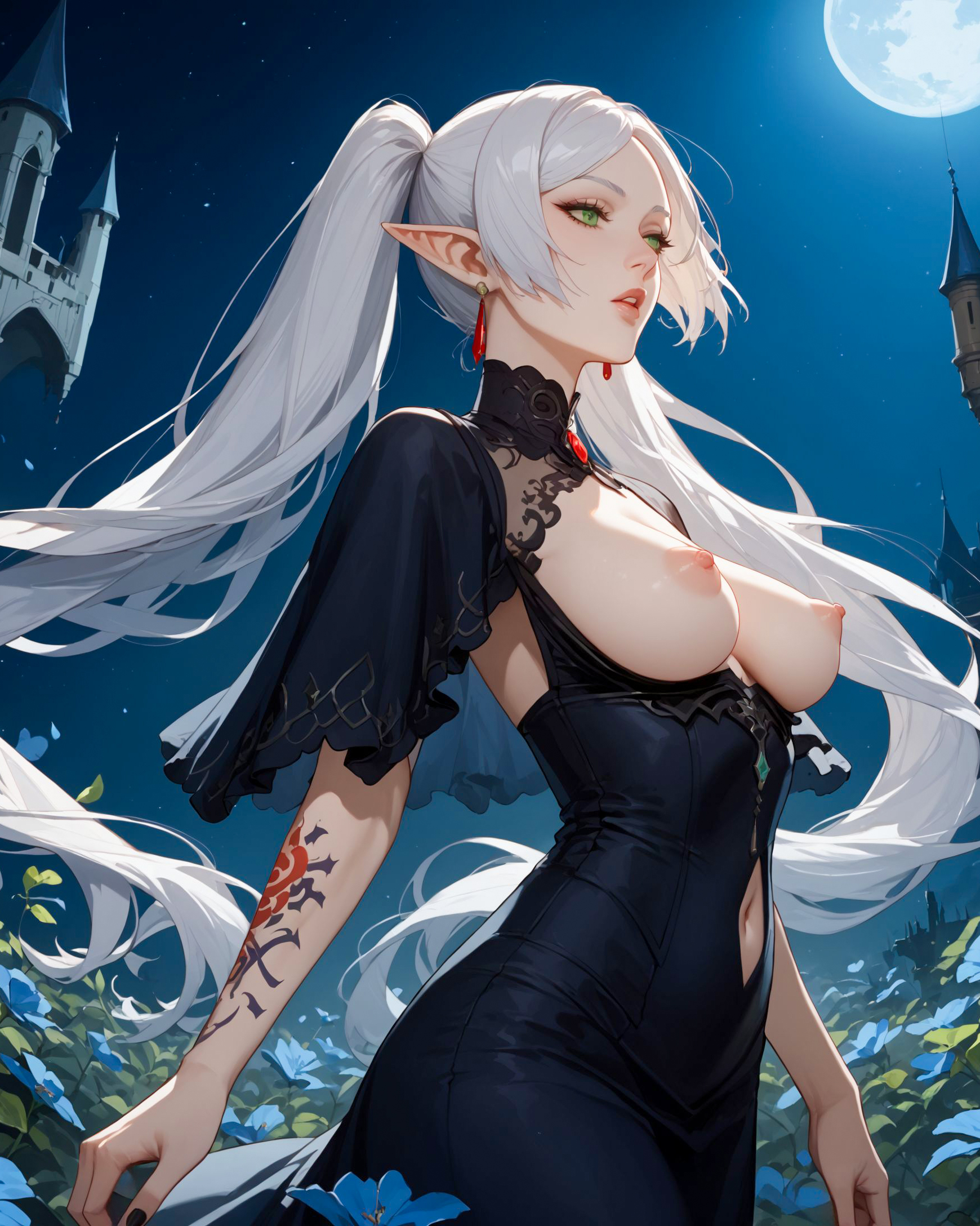 1girls, ai generated, alex-schura, arm tattoo, bangs, black dress, black nails, breasts, capelet, castle, clothing, clothing cutout, curvaceous, curvaceous female, curvaceous figure, curvy, curvy figure, dress, earrings, elf, elf ears, female, female focus, female only, flower, frieren, full moon, gem, green eyes, jewelry, large breasts, lips, long hair, looking at viewer, looking away, medium breasts, moon, nail polish, nature, navel, navel cutout, night, night sky, nipples, no bra, outdoors, parted bangs, parted lips, petals, pointed ears, ponytail, sky, solo, sousou no frieren, star (sky), starry sky, tattoo, tied hair, tree, twintails, very long hair, voluptuous, voluptuous female, white hair