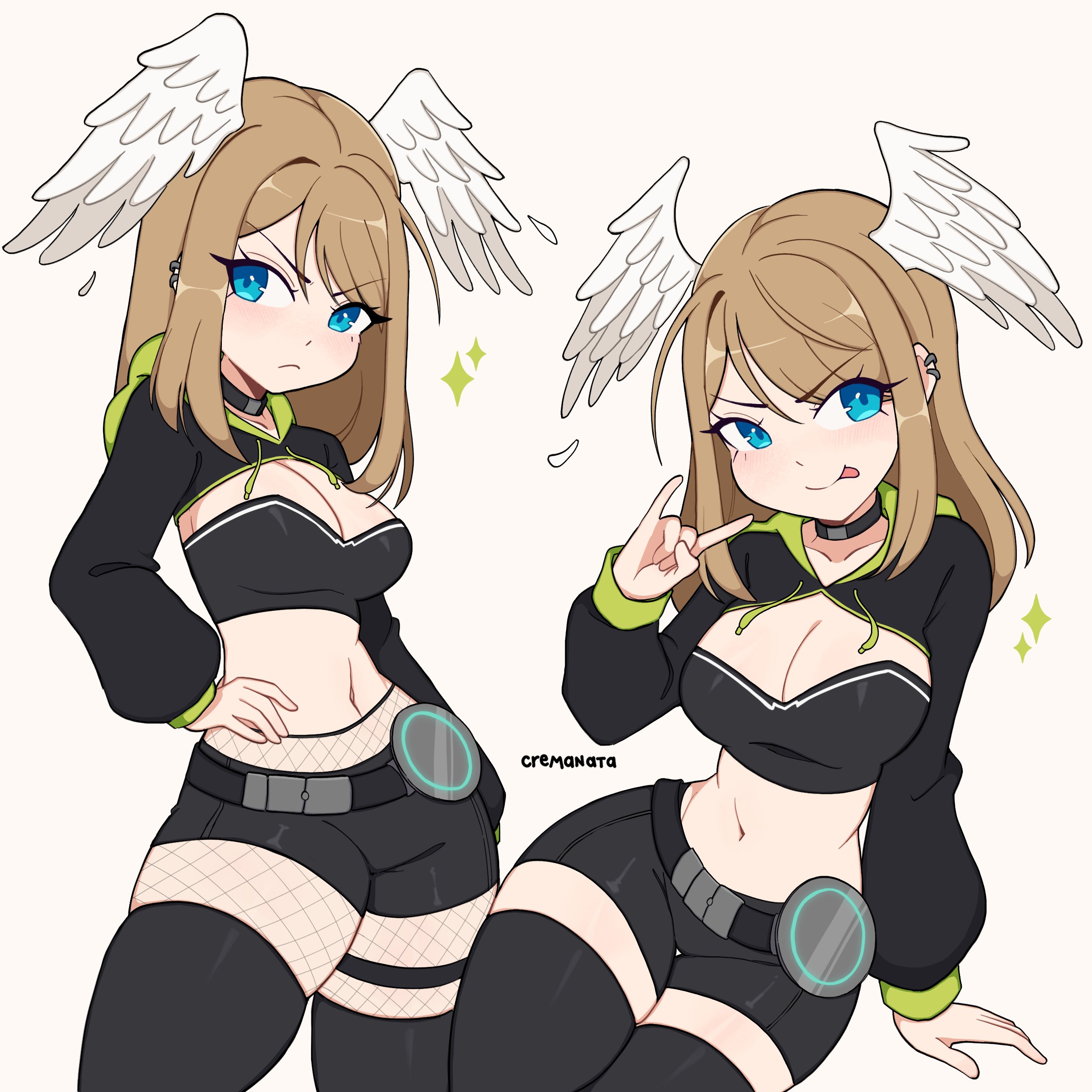 1girls, absurdres, big breasts, black choker, black jacket, blue eyes, breast tattoo, breasts, brown hair, choker, commentary, cremanata, crop top, eunie (xenoblade), female, head wings, highres, jacket, large breasts, long hair, looking at viewer, medium hair, multiple views, nintendo, open clothes, smile, tattoo, thick thighs, thighhighs, thin waist, tongue, tongue out, white wings, wide hips, wings, wings on head, xenoblade (series), xenoblade chronicles (series), xenoblade chronicles 3, zettai ryouiki