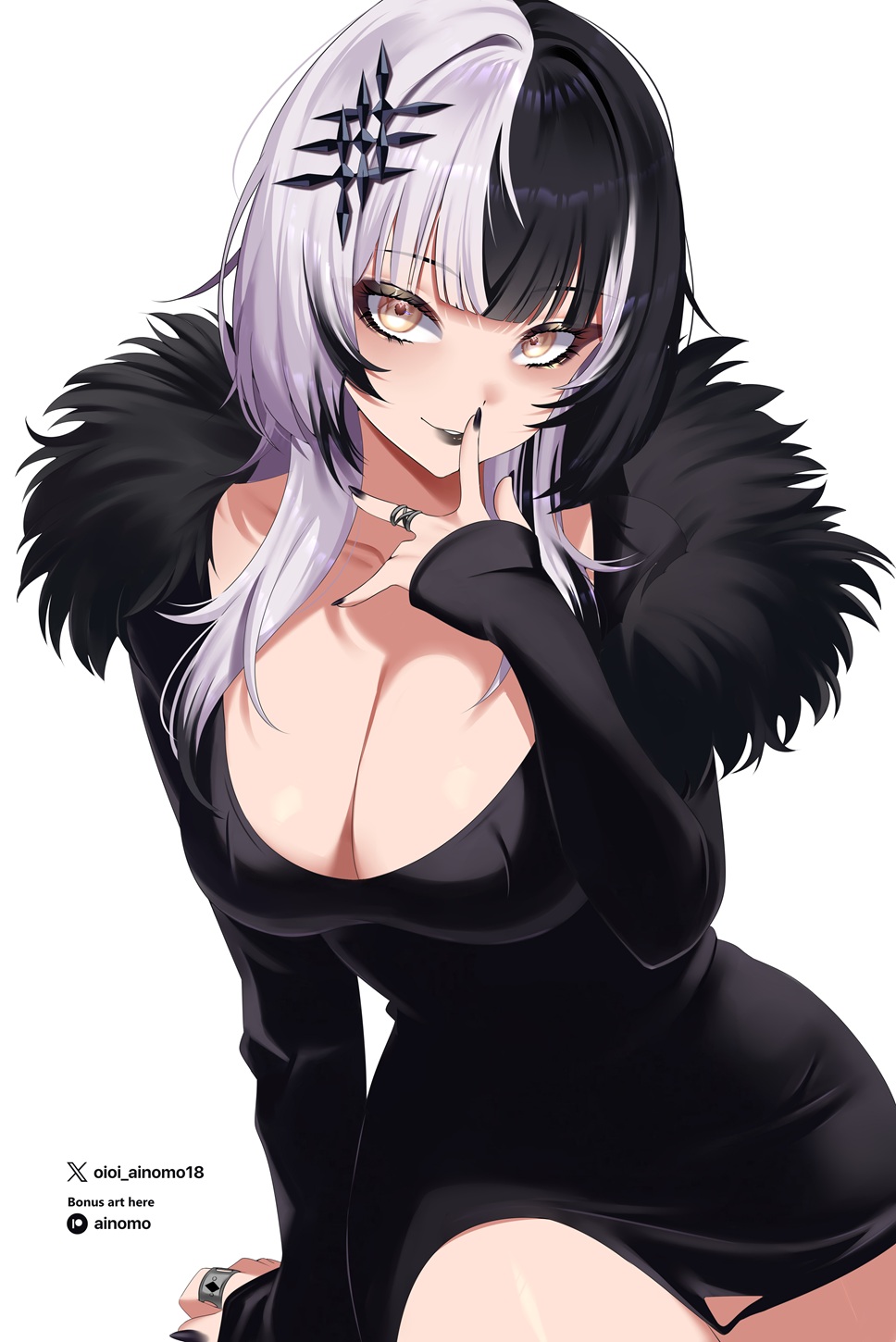 1girls, alternate costume, black dress, black hair, black lips, black nails, breasts, cleavage, commentary, dress, english commentary, female, female only, fur trim, fur-trimmed dress, grey hair, hand up, highres, hololive, hololive english, large breasts, long hair, long sleeves, looking at viewer, multicolored hair, nail polish, oioi ainomo, paid reward available, shiori novella, sidelocks, simple background, sleeves past wrists, solo, split-color hair, two-tone hair, virtual youtuber, white background, yellow eyes