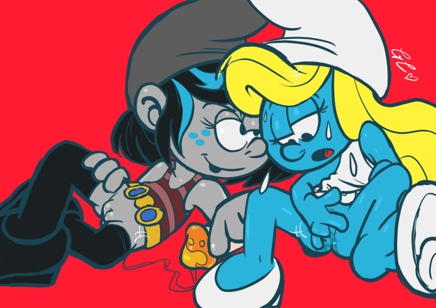 2girls black_hair blue_skin bottomless clothed_sex dress female female_only footwear glamorous_love masturbation multiple_girls pussy shoes smurfette the_smurfs vexy vexy_(the_smurfs) yellow_hair