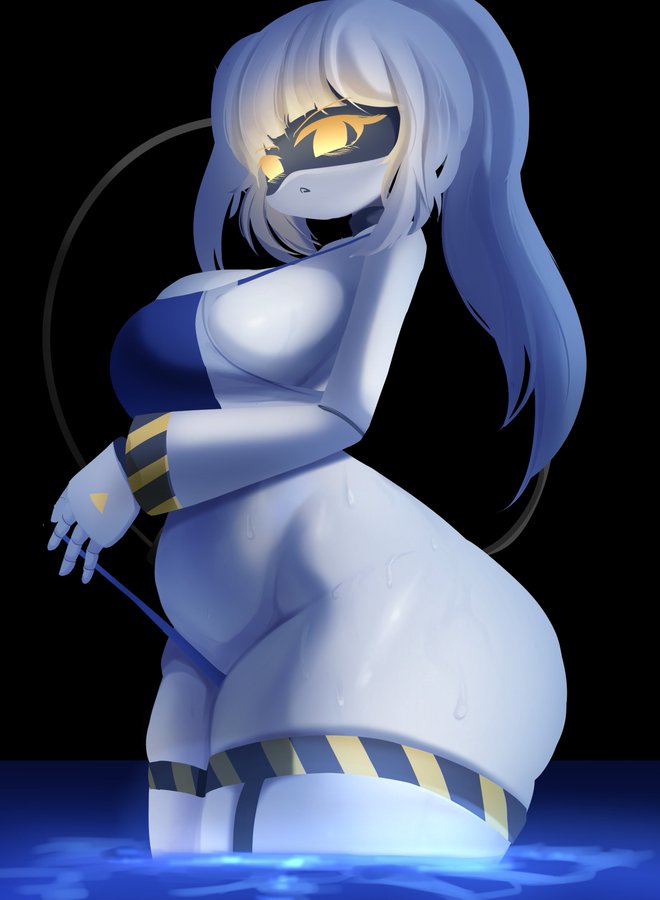 1girls, alaki zezo, big breasts, bikini, breasts, female, female only, grey hair, j (murder drones), murder drones, sweat, tagme, tail, thick thighs, water