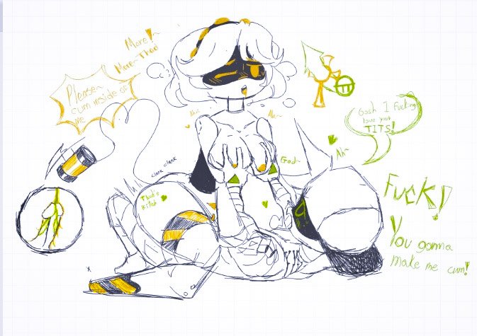 1boy, 1girls, big breasts, breast grab, breasts, cowgirl position, english text, female, glitch productions, male, male/female, murder drones, nipples, penis, robot, robot girl, sex, sketch, straight, tagme, text, thad (murder drones), v (murder drones), white hair, yellow eyes
