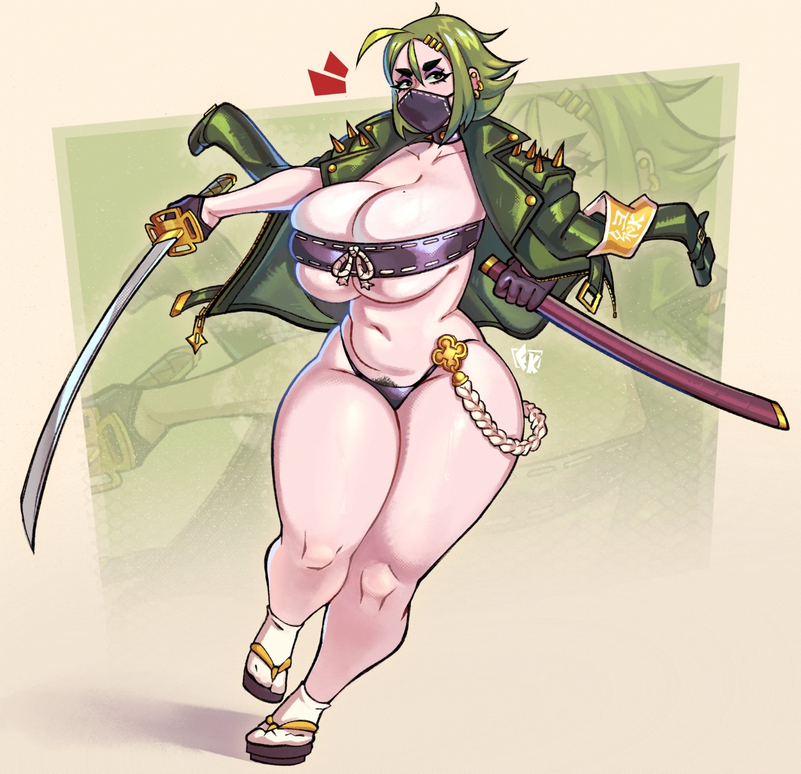 !!, 1girls, ahoge, backless gloves, bandeau, battle pose, biker jacket, bush, female, fingerless gloves, fkiller, footwear, front view, fundoshi, geta, gloves, green clothing, green hair, green jacket, green lipstick, green theme, green topwear, hairclips, holding sword, holding weapon, huge breasts, jacket, katana, large breasts, large thighs, leather jacket, light skin, light-skinned female, mask, midori (rizdraws), original character, pink eyeshadow, pubic hair peek, running, samurai, sandals, sheath, short gloves, shoulder pads, slightly chubby, solo, someone else's oc, spiked jacket, spiked shoulder pads, sword, sword sheath, tabi, thick, thick legs, thick thighs, thighs, underboob, weapon, wide hips