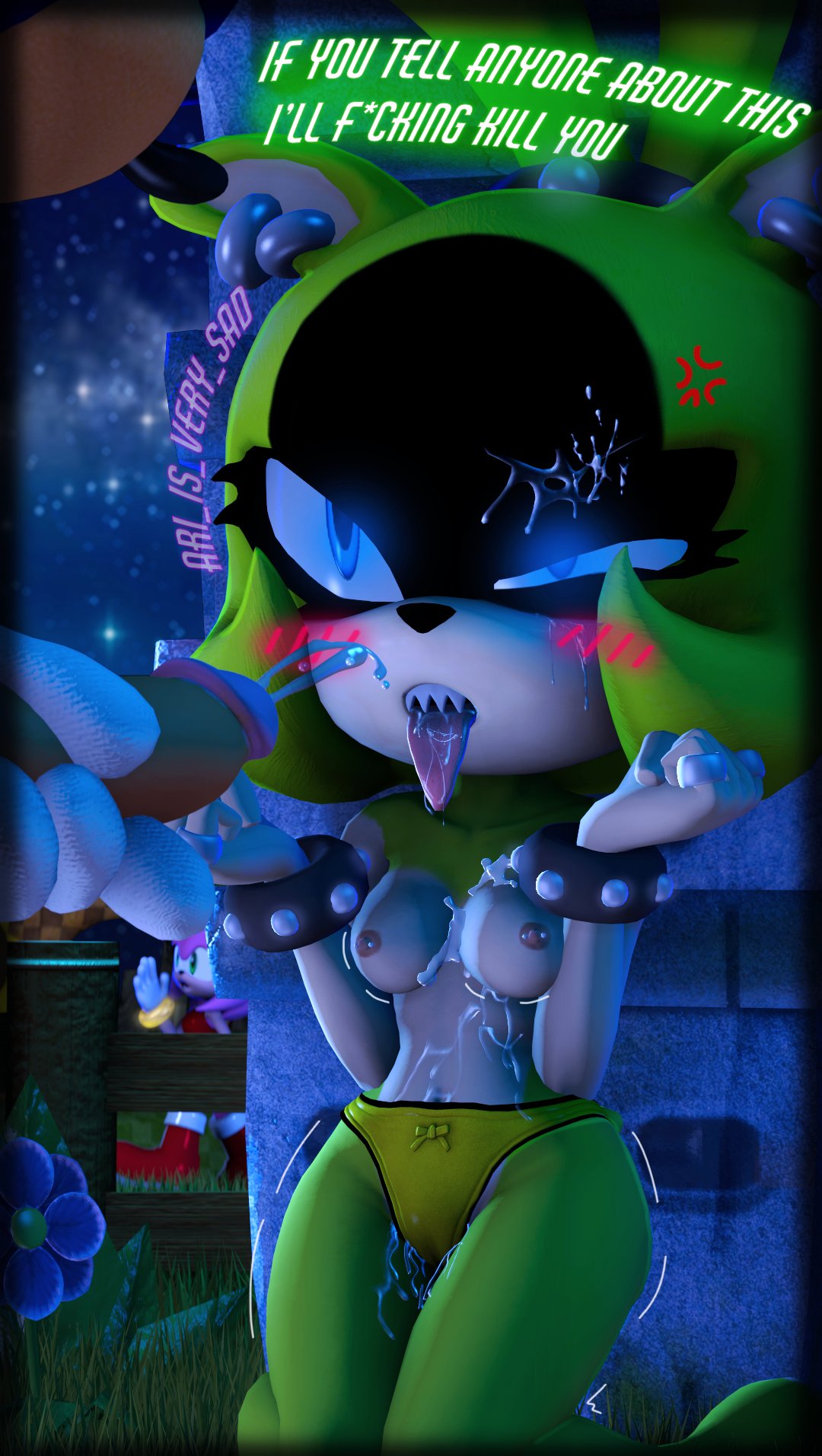 1boy, 2girls, 3d, afrosoricid, amy rose, angry, angry female, areolae, ari is very sad, blue eyes, blue fur, blush, breasts, cock, cum, cum on body, cum on breasts, cum on face, cumming, dialogue, dick, ejaculation, english text, erection, eulipotyphlan, female, fur, grabbing penis, green eyes, green fur, hedgehog, idw comics, idw publishing, male, male/female, mammal, night, night sky, nipples, panties, penis, pierced nipples, piercing, piercings, pink fur, sega, sfm, sharp teeth, sonic (series), sonic the hedgehog, sonic the hedgehog (comics), sonic the hedgehog (idw), sonic the hedgehog (series), source filmmaker, stars, straight, surge the tenrec, tenrec, text, threatening, tongue, tongue out, underwear, yellow panties