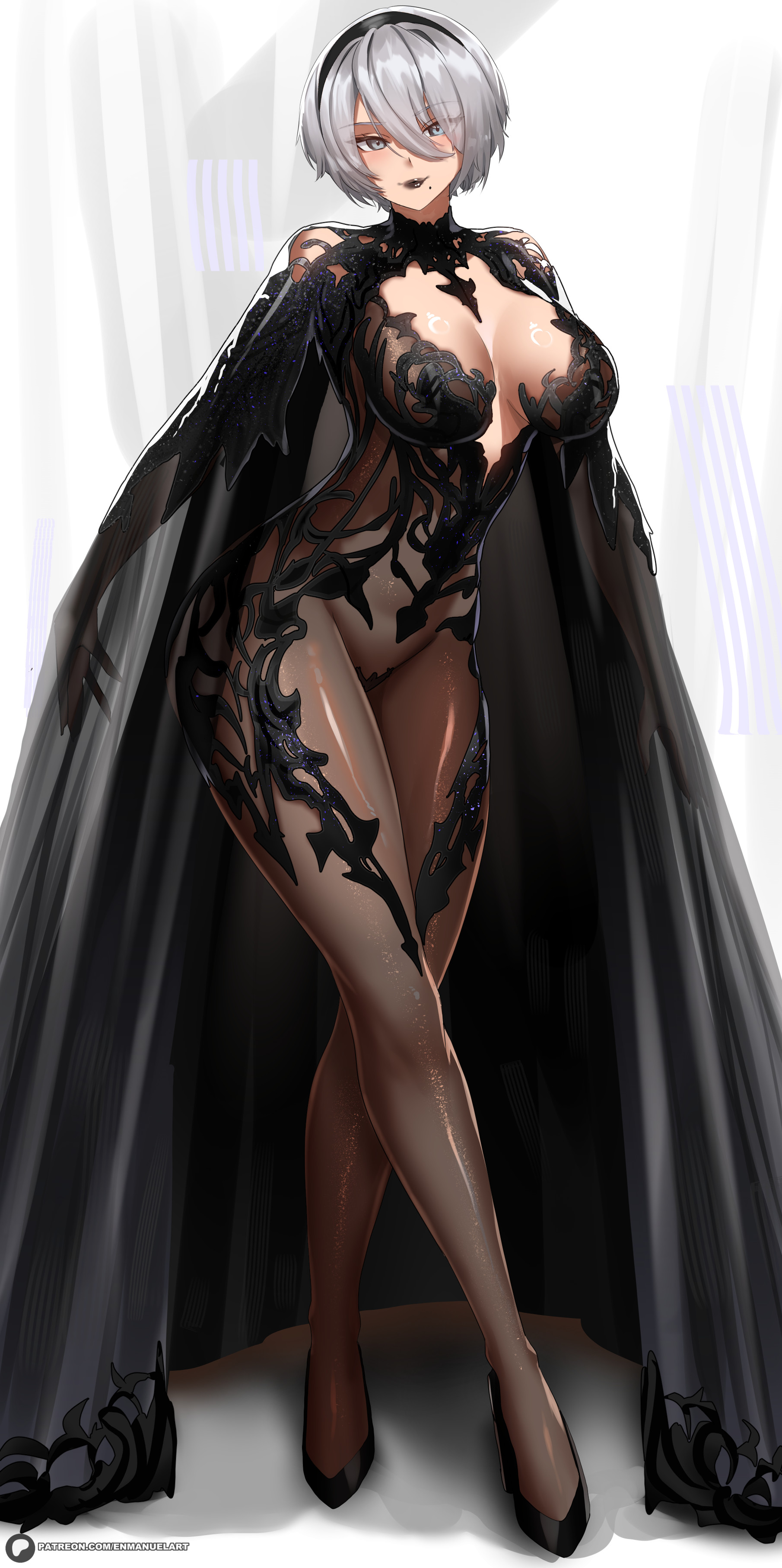 1girls, absurdres, black cloak, black hairband, black lips, black shoes, bodystocking, breasts, cameltoe, chronopattern dress, cloak, commentary, contrapposto, enma (enmanuelart), enmanuelart20, female, female only, full body, grey eyes, grey hair, hair between eyes, hairband, highres, large breasts, looking at viewer, mole, mole under mouth, nier (series), nier: automata, patreon logo, shoes, short hair, solo, standing, watermark, web address, yorha 2b