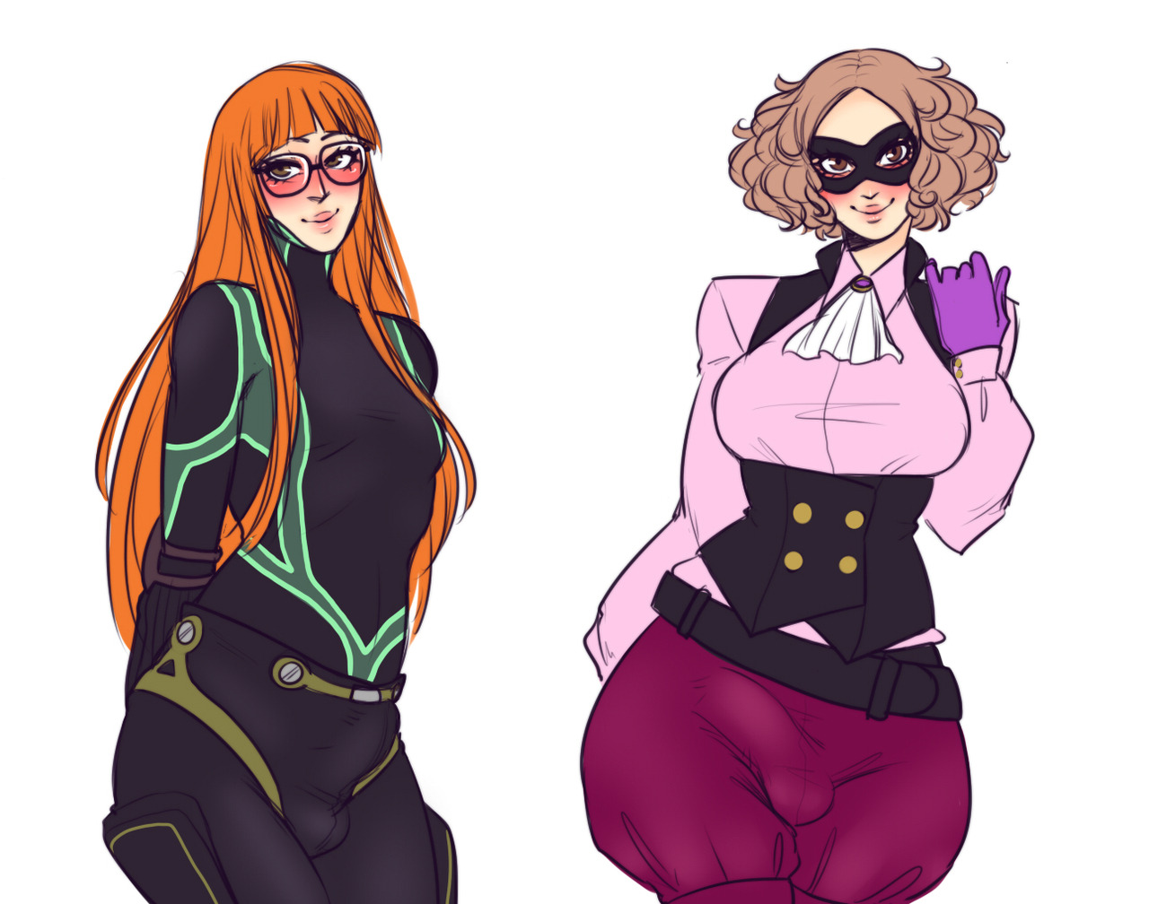 2futas, balls, balls bulge, balls under clothes, blonde hair, bodysuit, breasts, bulge, cameltail, clothing, curvy, embarrassed, erection, erection under clothes, eyewear, flat chest, futa only, futa sans pussy, futa with futa, futanari, haru okumura, haru okumura (noir), human, intersex, large breasts, light brown hair, mask, pale skin, penis, penis bulge, penis under clothes, persona, persona 5, phantom thief suit, red hair, sakura futaba, sakura futaba (oracle), stopitkel, tenting