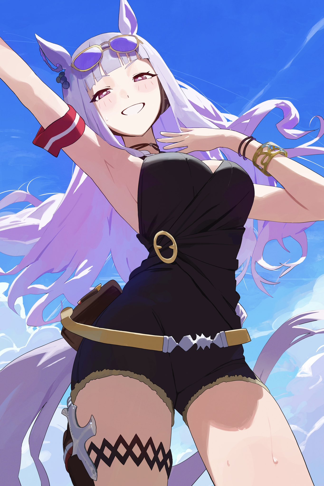 animal ears, arm up, armband, armpits, black one-piece swimsuit, blue sky, blunt bangs, breasts, closed mouth, cloud, cloudy sky, commentary request, eyewear on head, female, female only, gold ship (run revolt launcher) (umamusume), gold ship (umamusume), grey hair, grin, highres, horse ears, horse girl, horse tail, jewelry, large breasts, long hair, looking at viewer, official alternate costume, one-piece swimsuit, sky, smile, swimsuit, tail, thigh strap, umamusume, upper body, ushiwaka 06