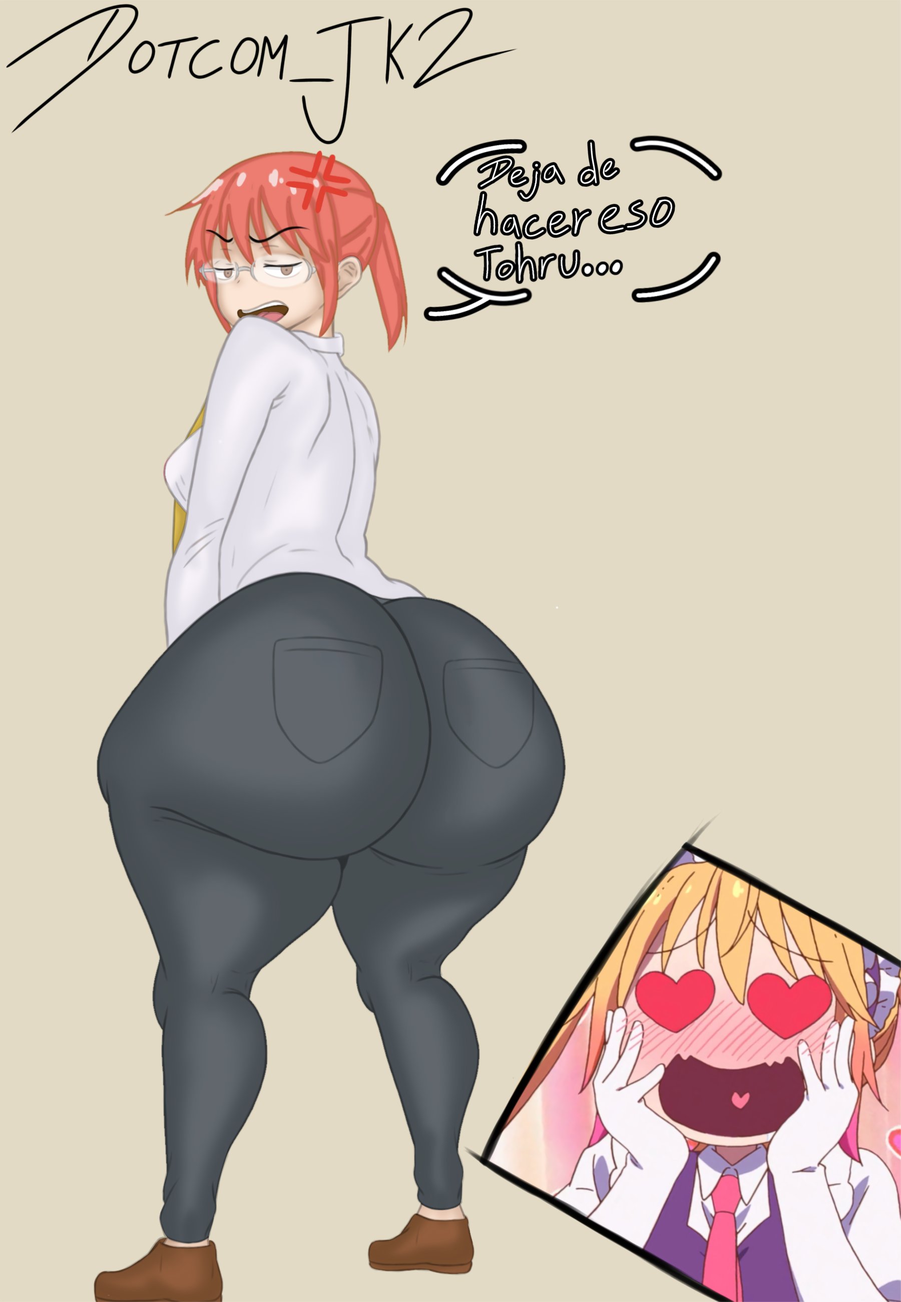 2girls, ass, ass awe, big ass, blonde hair, brown eyes, clothing, dotcom jk2, fat ass, glasses, hazel eyes, huge ass, kobayashi, kobayashi-san chi no maidragon, miss kobayashi's dragon maid, orange hair, red hair, shoes, simple background, spanish text, text, tohru (dragon maid), two-tone hair