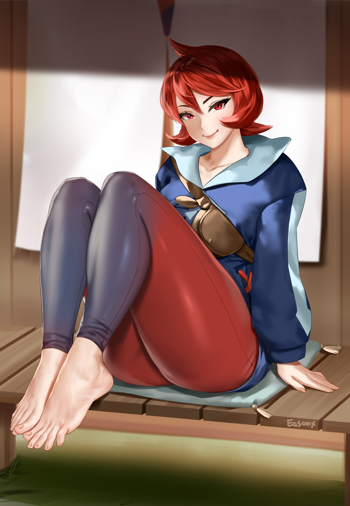 1girls, ahoge, arezu (pokemon), bag, barefoot, blue jacket, closed mouth, easonx, feet, female, female only, foot focus, full body, gradient legwear, hair between eyes, highres, jacket, knees up, leggings, legs together, long sleeves, looking at viewer, nintendo, pokemon, pokemon legends: arceus, red eyes, red hair, short hair, signature, sitting, smile, solo, thighs, toes, wooden floor