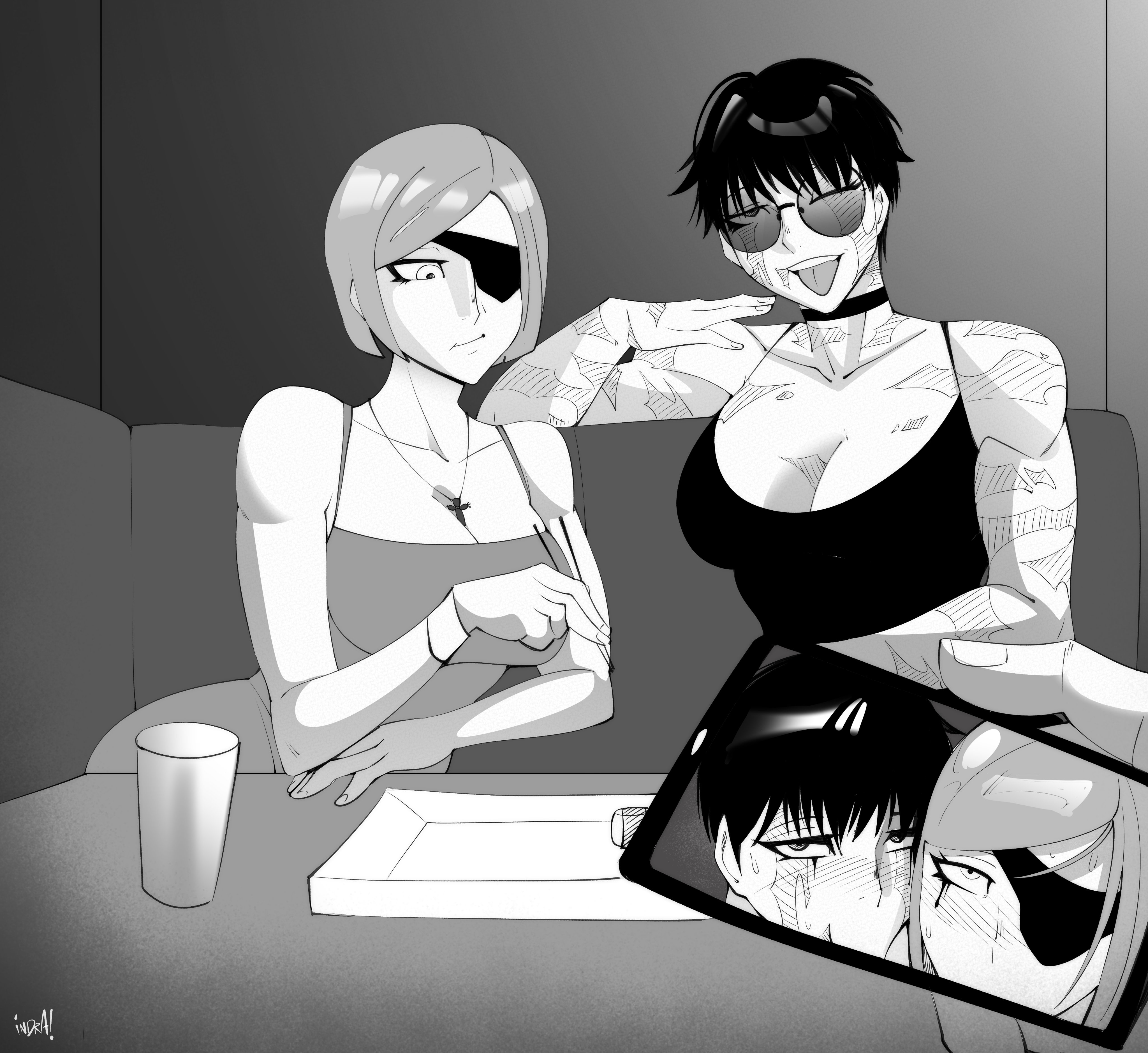 2girls, big breasts, eye patch, female, female focus, glasses, implied fellatio, indralvspaizuri, jujutsu kaisen, kugisaki nobara, monochrome, multiple girls, necklace, scars, sticking out tongue, tagme, video recording, zenin maki