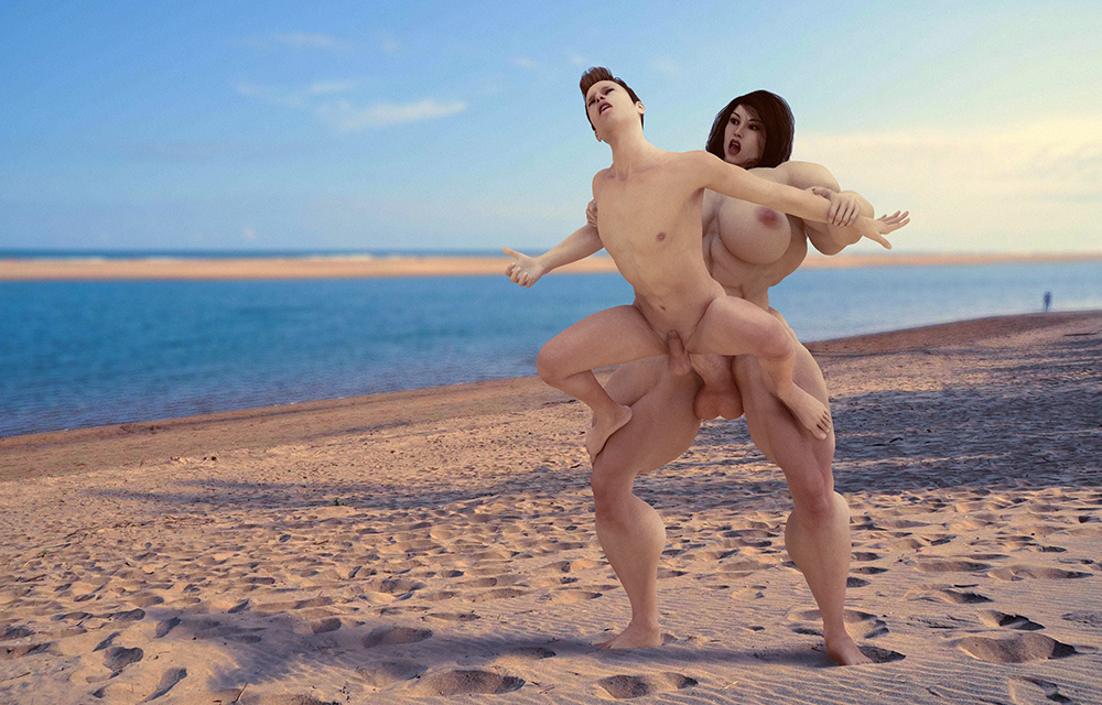 3d, anal, anal sex, barefoot, beach, big dom small sub, big penis, defaker69, from behind, from behind position, futa is bigger, futa on male, futadom, futanari, huge cock, intersex, larger futa, male, malesub, muscular, muscular futa, neesha (defaker69), penis, penis size difference, sand, size difference, small penis, smaller male, stand and carry position