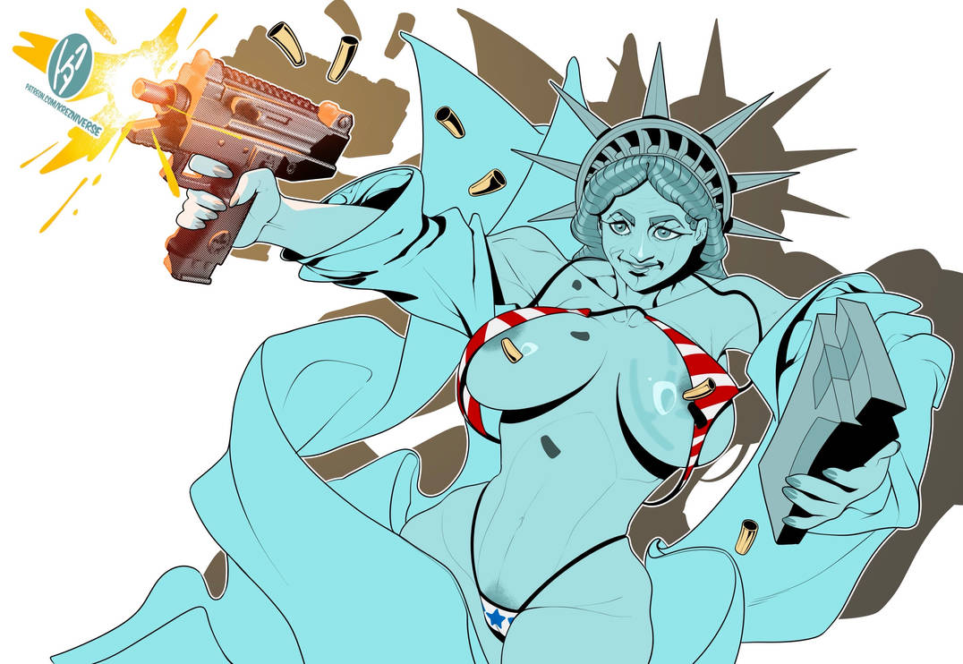 1girls, 2020, 2026, 2026s, american flag bikini, big breasts, bikini, breasts, curvaceous, curvy, curvy body, curvy female, curvy figure, deviantart link, digital drawing (artwork), digital media (artwork), fine art parody, firing, firing gun, firing weapon, gun, humanoid, jpg, jpg file, krenziverse, lady liberty, no background, simple background, solo, solo female, solo focus, statue of liberty, submachine gun, uzi, watermark, white background