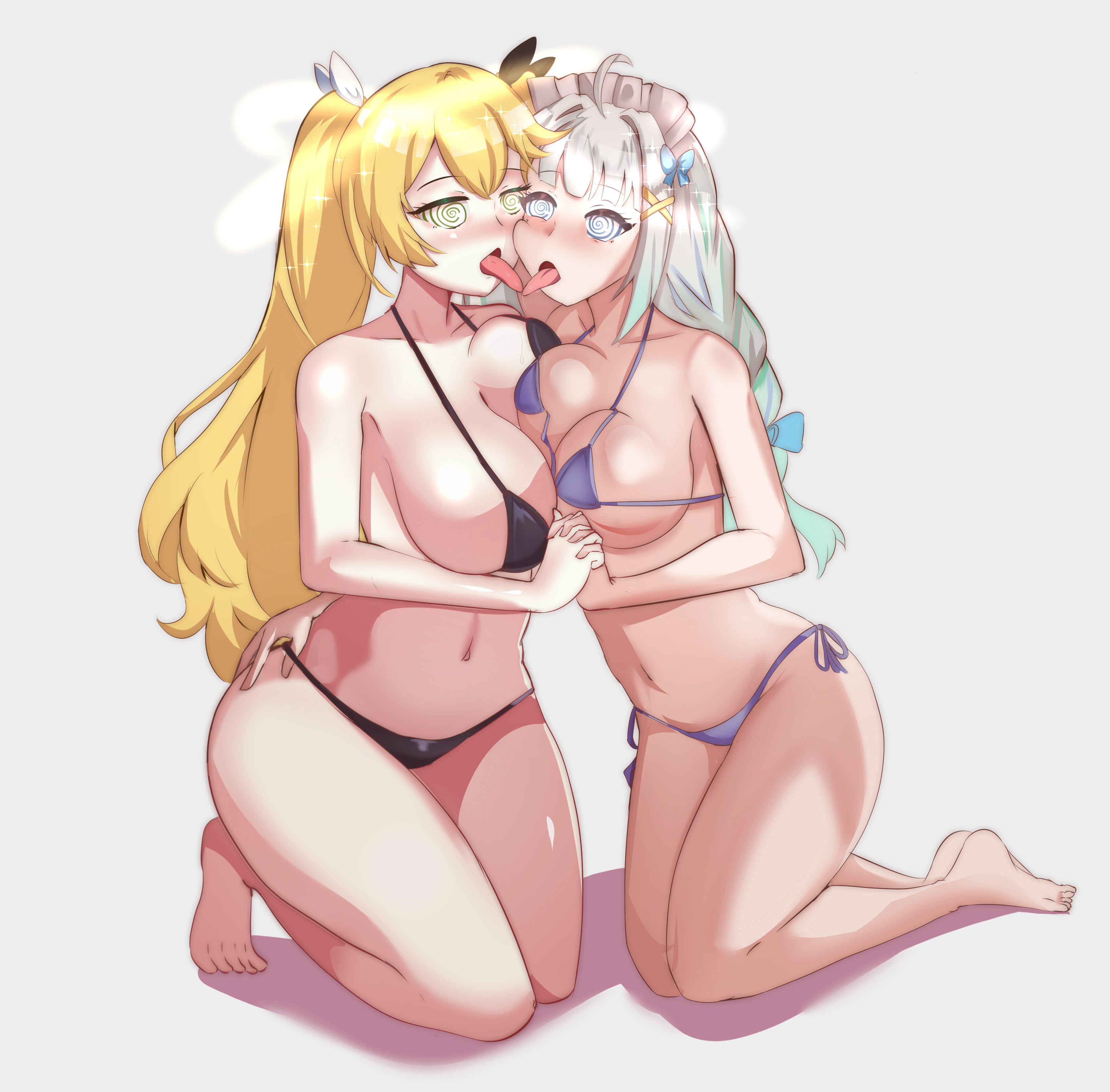 2girls, ass, barefoot, bikini, blonde hair, breasts, densetsu.exe, dokibird, dokibird (1st costume), feet, hand holding, hypnosis, hypnotized, hypnotized female, indie virtual youtuber, large breasts, lesbian kiss, maid mint, medium breasts, mint fantome, mint fantome (otaku), spiral eyes, thick, thick ass, thick thighs, thighs, tongue out, valvalis, virtual youtuber, vtuber, white hair, yuri