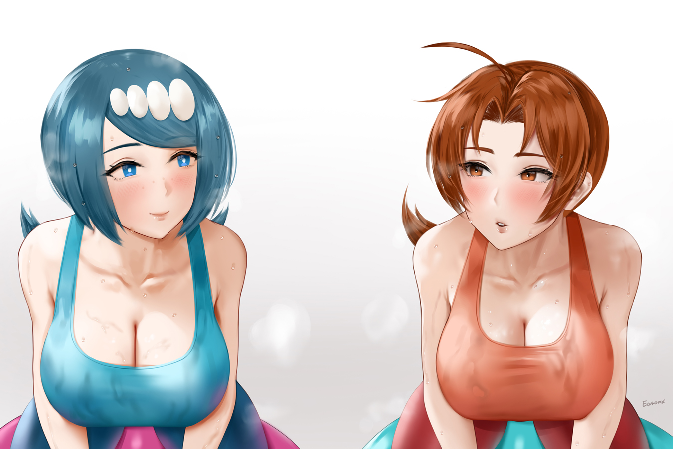 2girls, ahoge, bare shoulders, blue eyes, blue hair, blue pants, blue sports bra, blush, breasts, bright pupils, brown eyes, brown hair, cleavage, collarbone, commentary, delia ketchum, delia ketchum (pokemon), easonx, female, female only, freckles, hair ornament, lana's mother (pokemon), large breasts, leaning forward, long hair, looking at another, mature female, multiple girls, nintendo, pants, parted bangs, parted lips, pokemon, pokemon (anime), pokemon sm (anime), ponytail, red pants, red sports bra, signature, smile, sports bra, steaming body, sweat, sweaty clothes, swept bangs, symbol-only commentary, white pupils, yoga pants