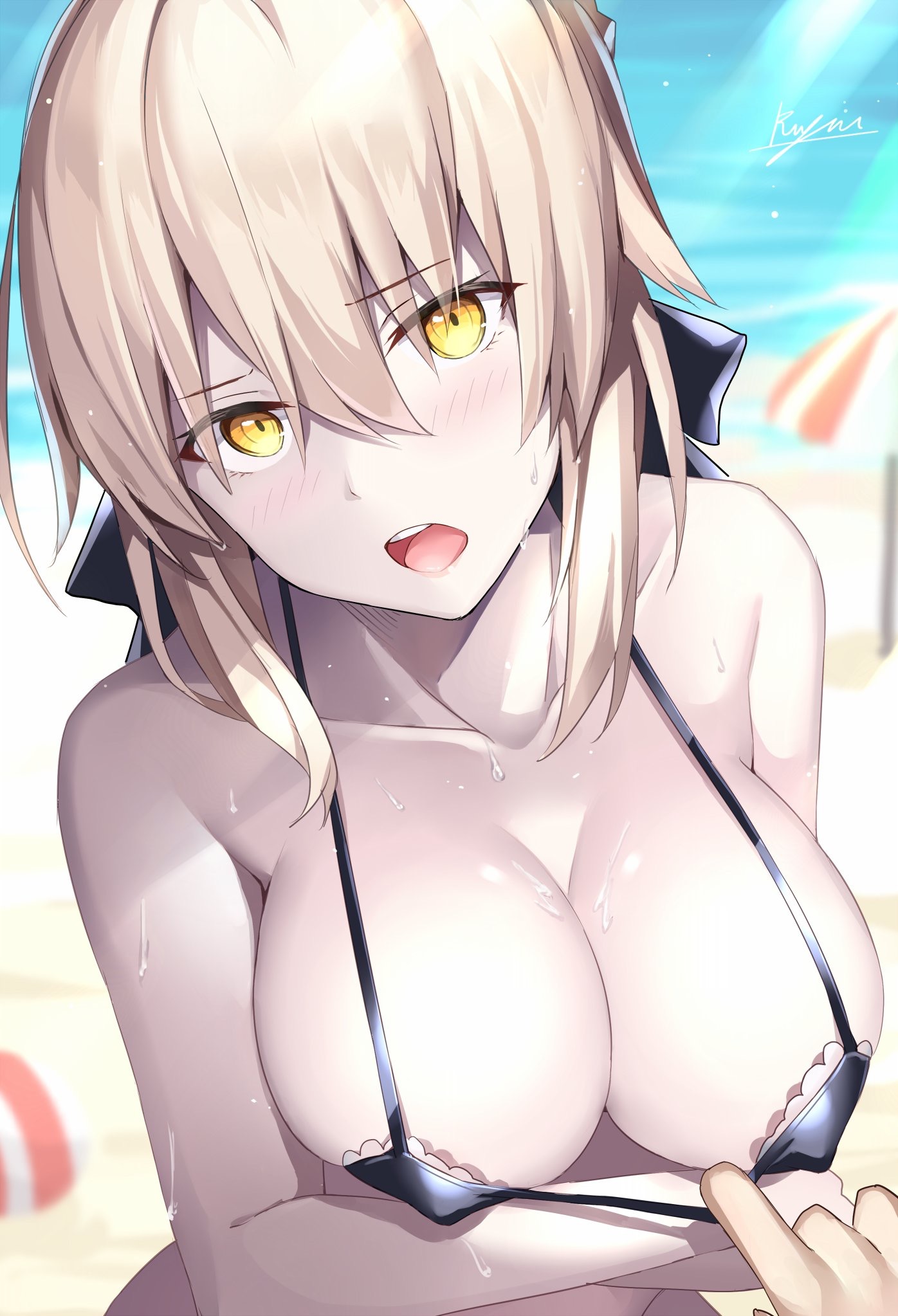 artoria pendragon, artoria pendragon (alter), blonde hair, blush, bra, breasts, fate (series), fate/grand order, female, large breasts, looking at viewer, open mouth, rin7914 (artist), swimsuit, wet, yellow eyes