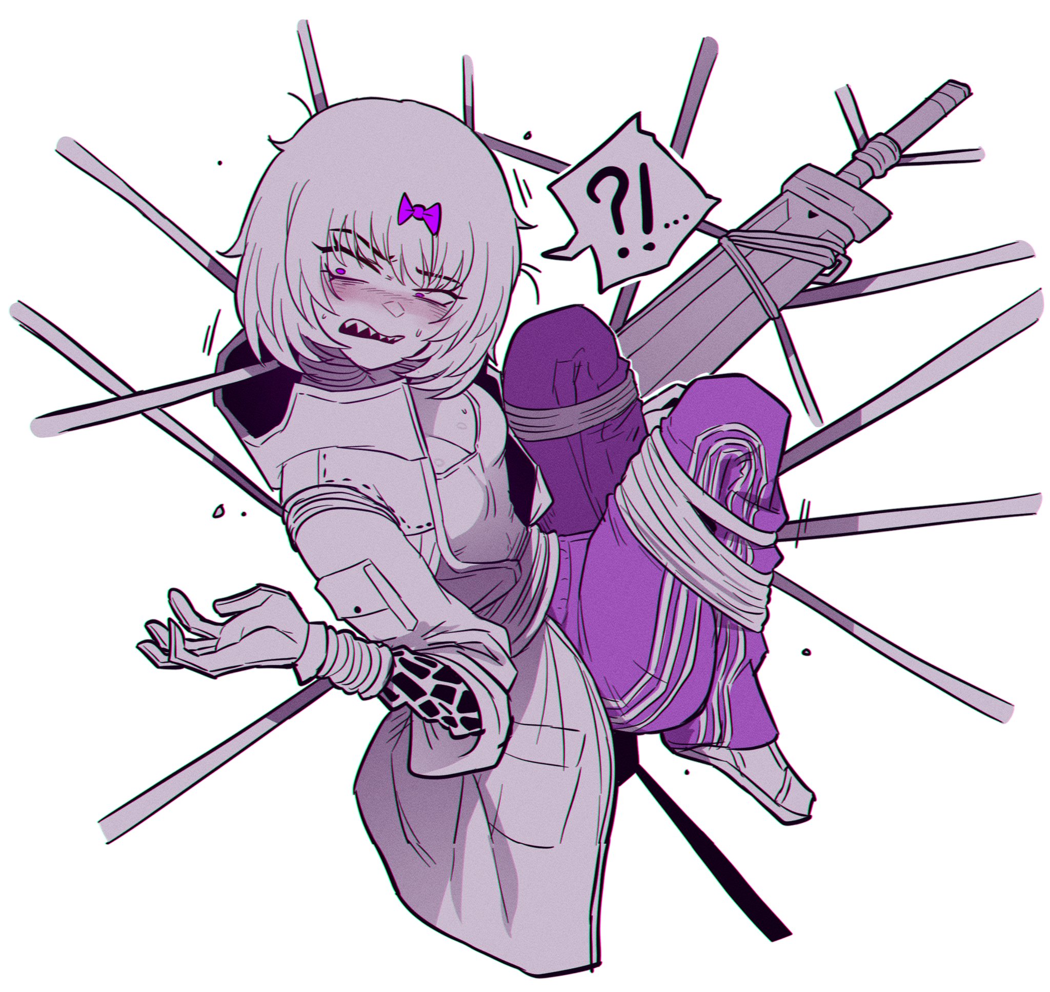1girls, 2d, 2d (artwork), 2d animation, abnormality (project moon), blush, blushing female, bound, bound arms, bound legs, bound neck, drenched gossypium (limbus company), frustrated, kira (limbus company), limbus company, misg1111, predicament, predicament bondage, project moon, roots, sharp teeth, surprised, surprised expression, surprised reaction, sword, tied arms, tied hands, tied legs, tied neck, tied up, trapped, vines