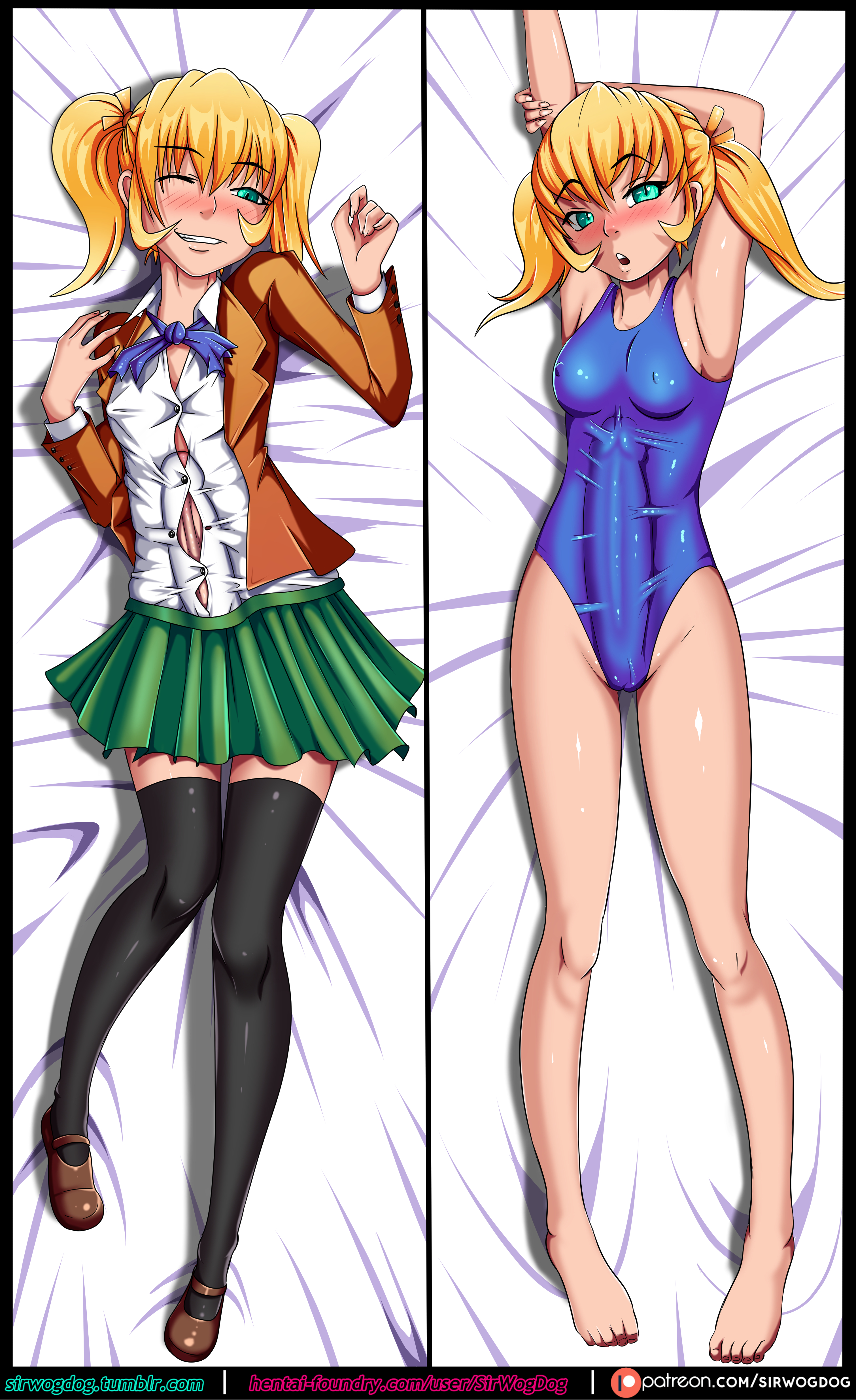 1futa, absurdres, asakura mao, blonde hair, blush, breasts, bulge, cameltail, cleavage, dakimakura, dickgirl, erection, erection under clothes, futa only, futabu, futanari, highres, huge cock, intersex, looking at viewer, penis, penis under clothes, sirwogdog, solo, thighhighs, twintails