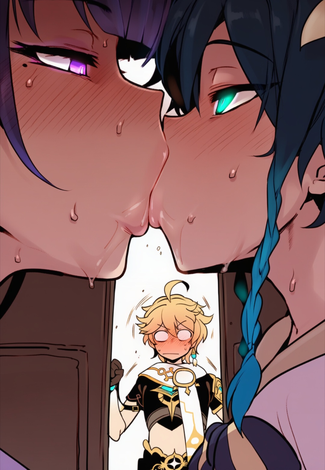 2boys, aether (genshin impact), ai generated, blonde hair, blush, female, frown, genshin impact, green eyes, kissing, male, mole under eye, multiple males, netorare, purple eyes, purple hair, raiden shogun, sweat, sweating, tongue kiss, venti (genshin impact)