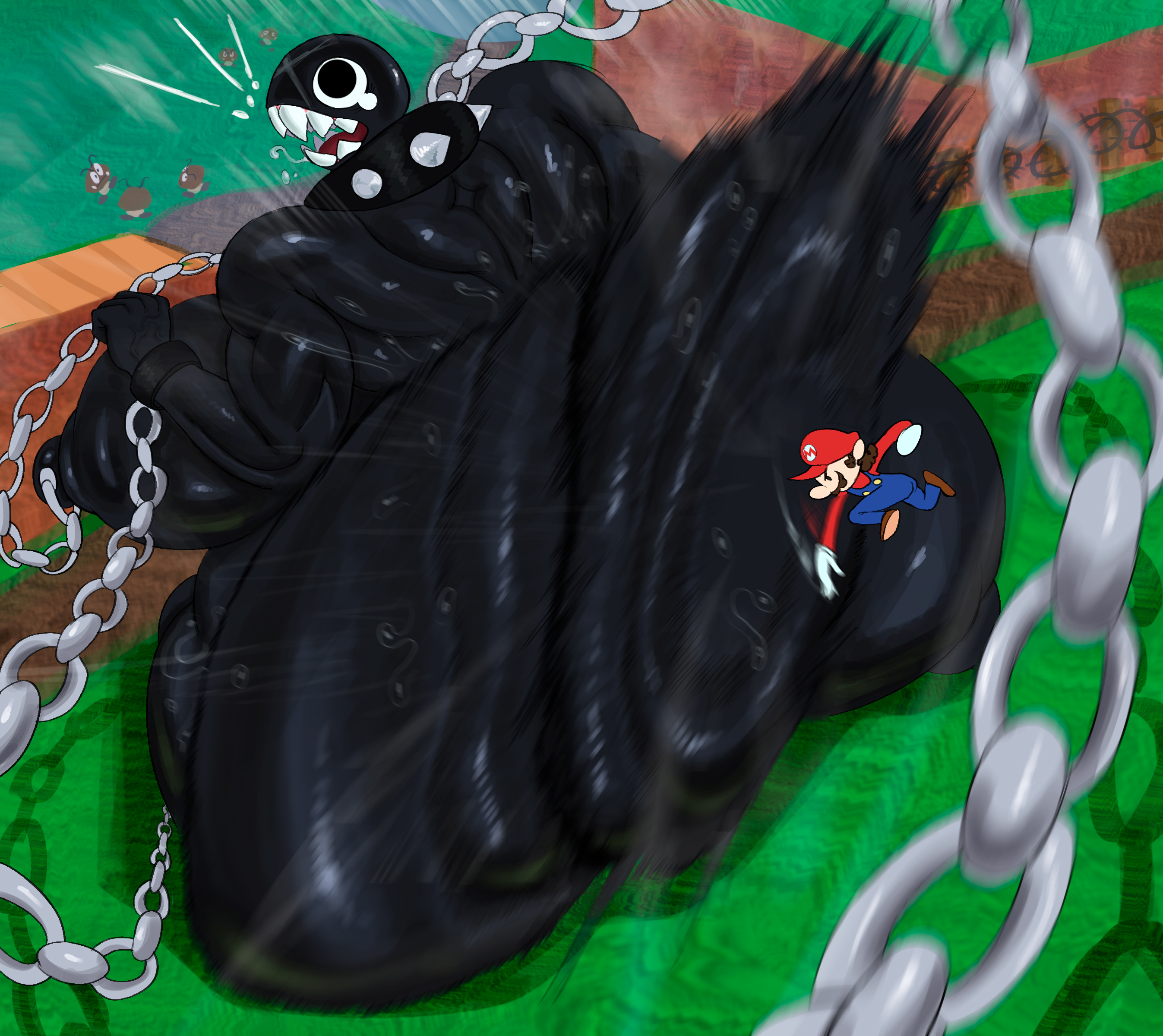 1boy, 1girls, adych, areolae, ass, ass bigger than head, ass bigger than torso, ass slap, big ass, big breasts, black body, bottom heavy, breasts, bubble butt, busty, chain, chain chomp, chains, fat ass, female, giantess, gigi (thecoatl034), huge ass, huge breasts, large ass, large breasts, larger female, male, mario, mario (series), massive ass, motion blur, motion lines, nipples, rippling ass, size difference, slapping ass, smaller male, spanking, spanking ass, thick ass, thick thighs, thunder thighs, wide hips, wobbling ass