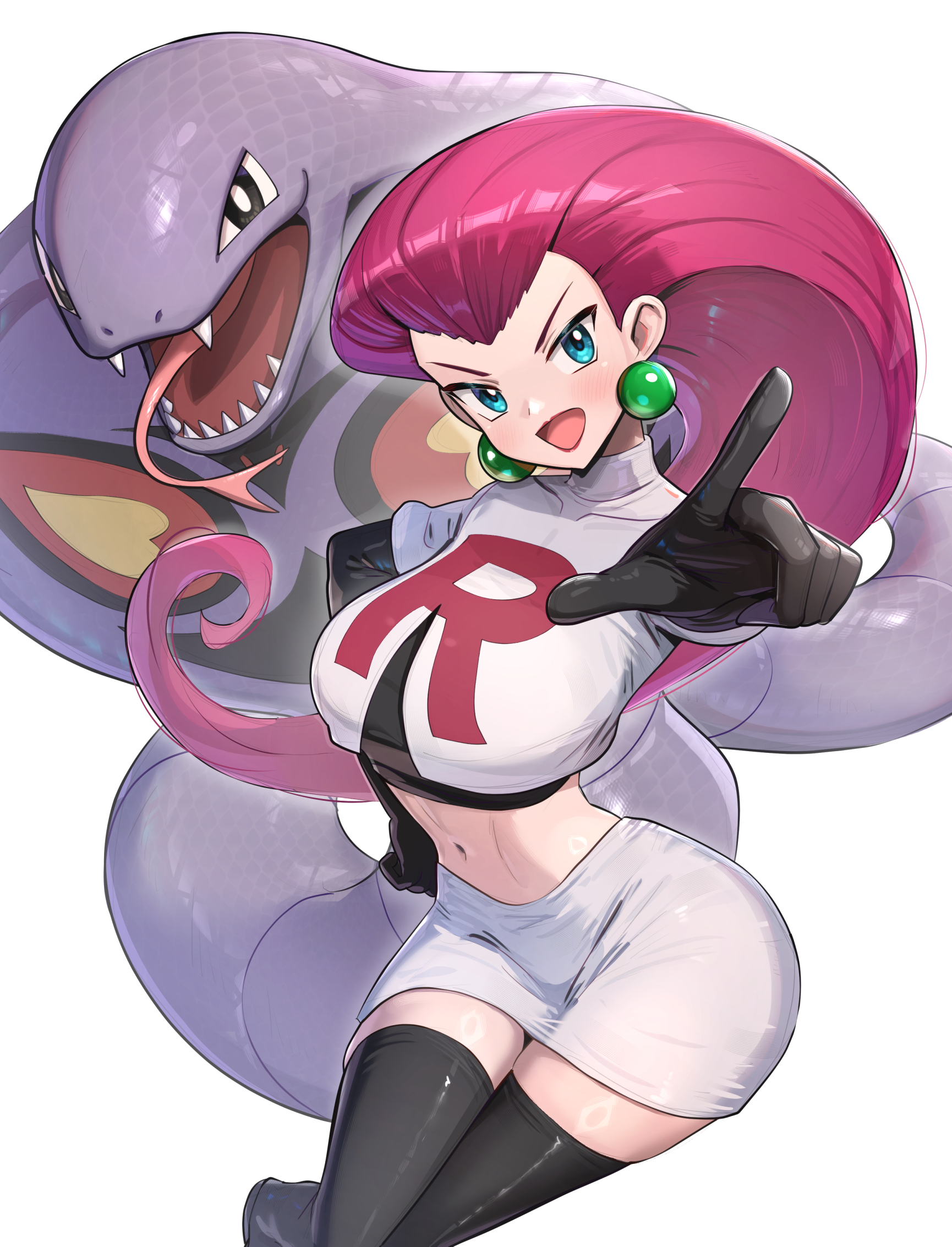 1girls, arbok, big breasts, black gloves, black shirt, black thighhighs, blush, breasts, commentary request, crop top, earrings, elbow gloves, fangs, female, female only, gen 1 pokemon, gloves, gonzarez, hand on own hip, highres, jacket, jessie (pokemon), jewelry, large breasts, long hair, looking at viewer, midriff, miniskirt, navel, nintendo, open mouth, pink hair, pointing, pointy ears, pokemon, pokemon (anime), pokemon (creature), sharp teeth, shirt, simple background, skirt, smile, snake, sphere earrings, team rocket, team rocket uniform, teeth, thighhighs, tongue, tongue out, white background, white jacket, white skirt