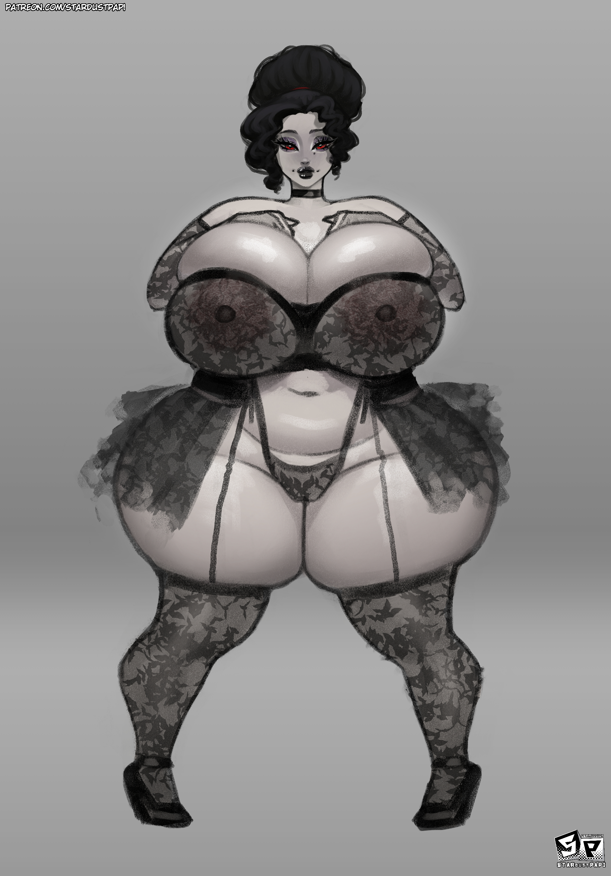 2d, 2d (artwork), 2d artwork, black hair, breasts, clothing, female, hair, ignantastro, leggings, lips, looking at viewer, mole, mole under eye, nipples, pale, pale-skinned female, red eyes, shoes, solo, stardustpapi, thick, thick ass, thick hips, thick legs, thick thighs, white body, white skin, wide ass, wide hips, wide thighs
