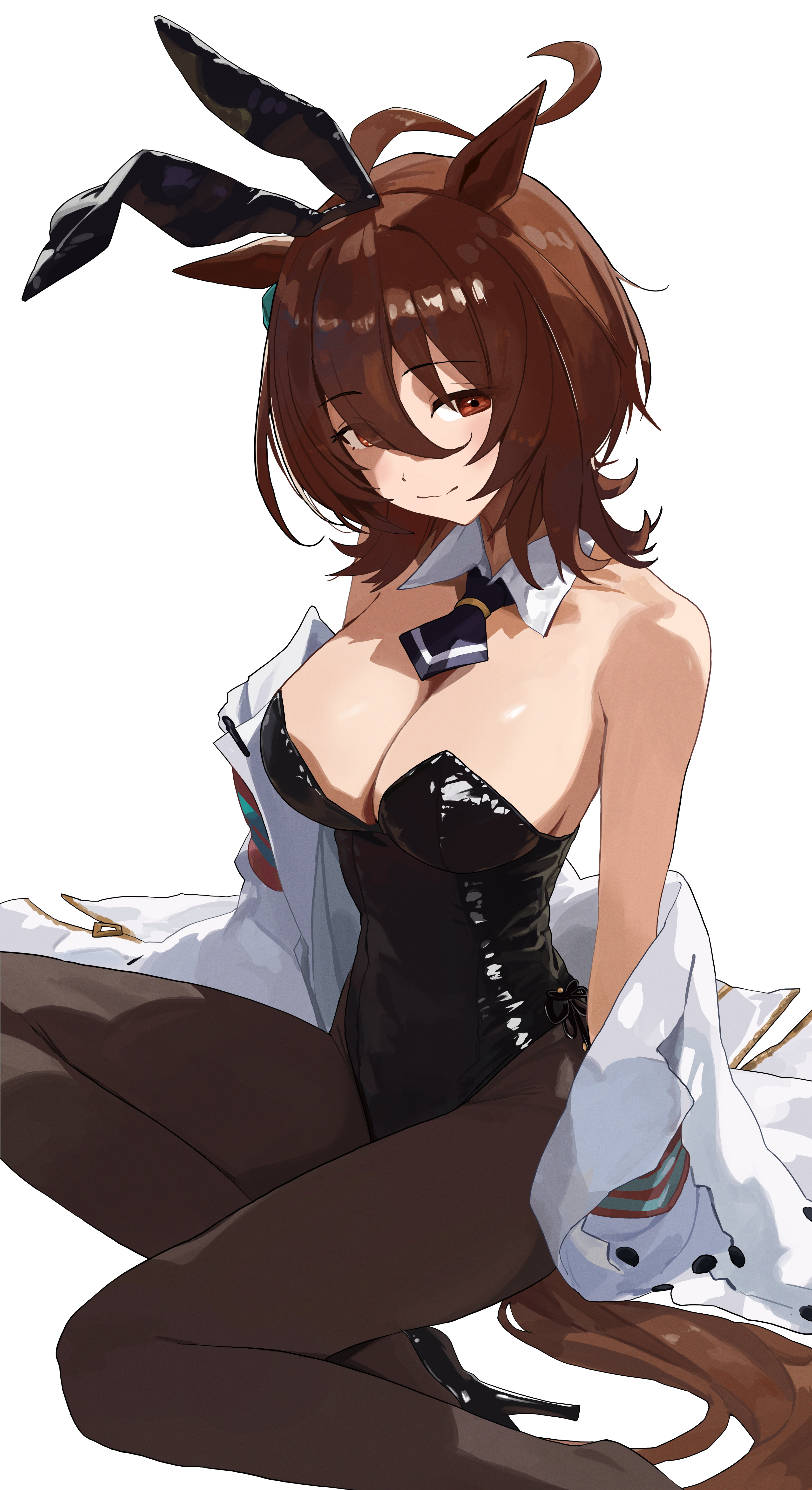 1girls, absurdres, agnes tachyon (umamusume), ahoge, alternate costume, animal ears, bare shoulders, black leotard, black necktie, black pantyhose, black shoes, blush, breasts, brown hair, bunny ears, bunnysuit, cleavage, coat partially removed, detached collar, fake animal ears, female, female only, hair between eyes, high heels, highres, horse ears, horse girl, horse tail, lab coat, large breasts, leotard, looking at viewer, necktie, pantyhose, rabbit ears, shoes, short necktie, simple background, sitting, smile, solo, strapless, strapless leotard, tail, umamusume, ushiwaka 06, white background, yokozuwari