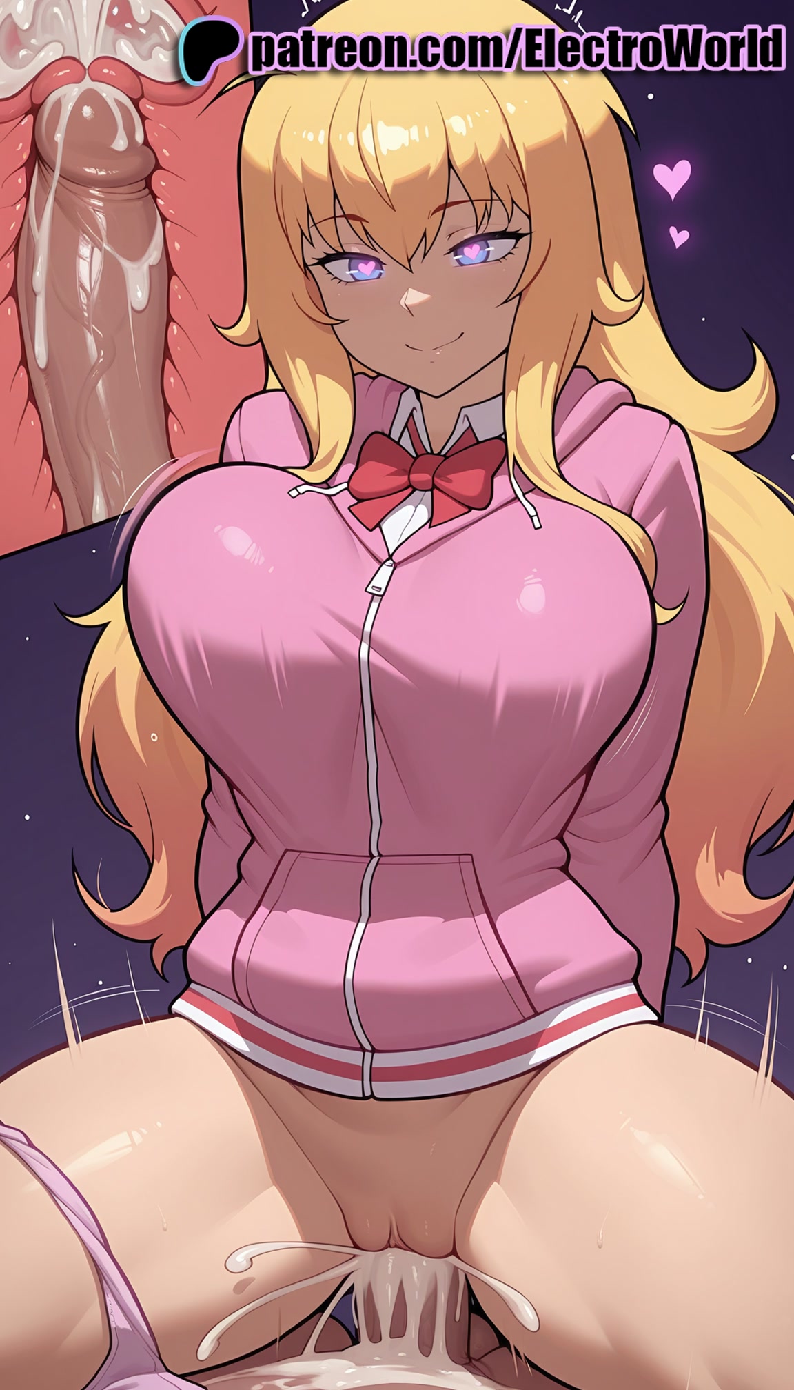 1boy, 1girls, 2026, ai generated, artist name, blonde hair, breasts, bust, chest, clitoral hood, clothed sex, cock, cowgirl position, cross section, cum, cum in pussy, deep penetration, dick, ejaculation, electroworld, exposed pussy, female, fucking, gabriel dropout, gabriel tenma white, heart, heart-shaped pupils, hi res, high quality, high resolution, highres, intercourse, internal cumshot, jacket, juicy pussy, legs apart, legs spread, long hair, love making, open legs, panties, panties around one leg, patreon, patreon username, penetration, penis, pink panties, pussy, riding, sex, sexual intercourse, smile, solo focus, splayed legs, spread legs, stable diffusion, straddling, straight, symbol in eye, symbol-shaped pupils, tight pussy, uncensored, underwear, uterus, vagina, vaginal penetration, watermark, woman on top