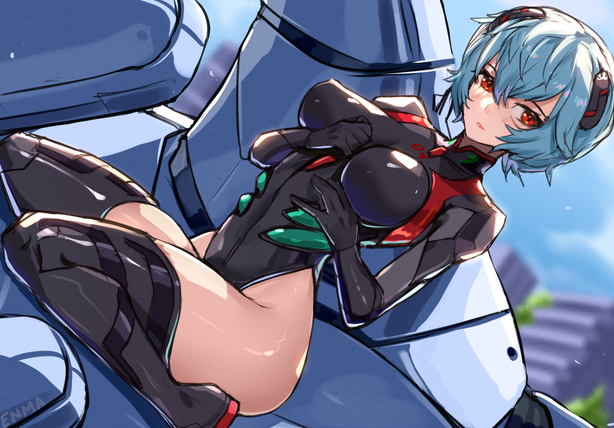 artist name, ayanami rei, bare hips, black bodysuit, black boots, blue hair, blue sky, blurry, blurry background, blush, bodysuit, boots, breasts, breasts apart, cityscape, closed mouth, commentary, dutch angle, english commentary, enma (enmanuelart), enmanuelart20, evangelion (mecha), female, female only, foot out of frame, hair between eyes, highres, interface headset (evangelion), large breasts, leotard, light particles, lips, looking at viewer, mecha pilot suit, neon genesis evangelion, outdoors, plugsuit, plugsuit (evangelion), red eyes, rei ayanami, short hair, sitting, skindentation, sky, solo, thigh boots, thighs, variant set, wariza, watermark