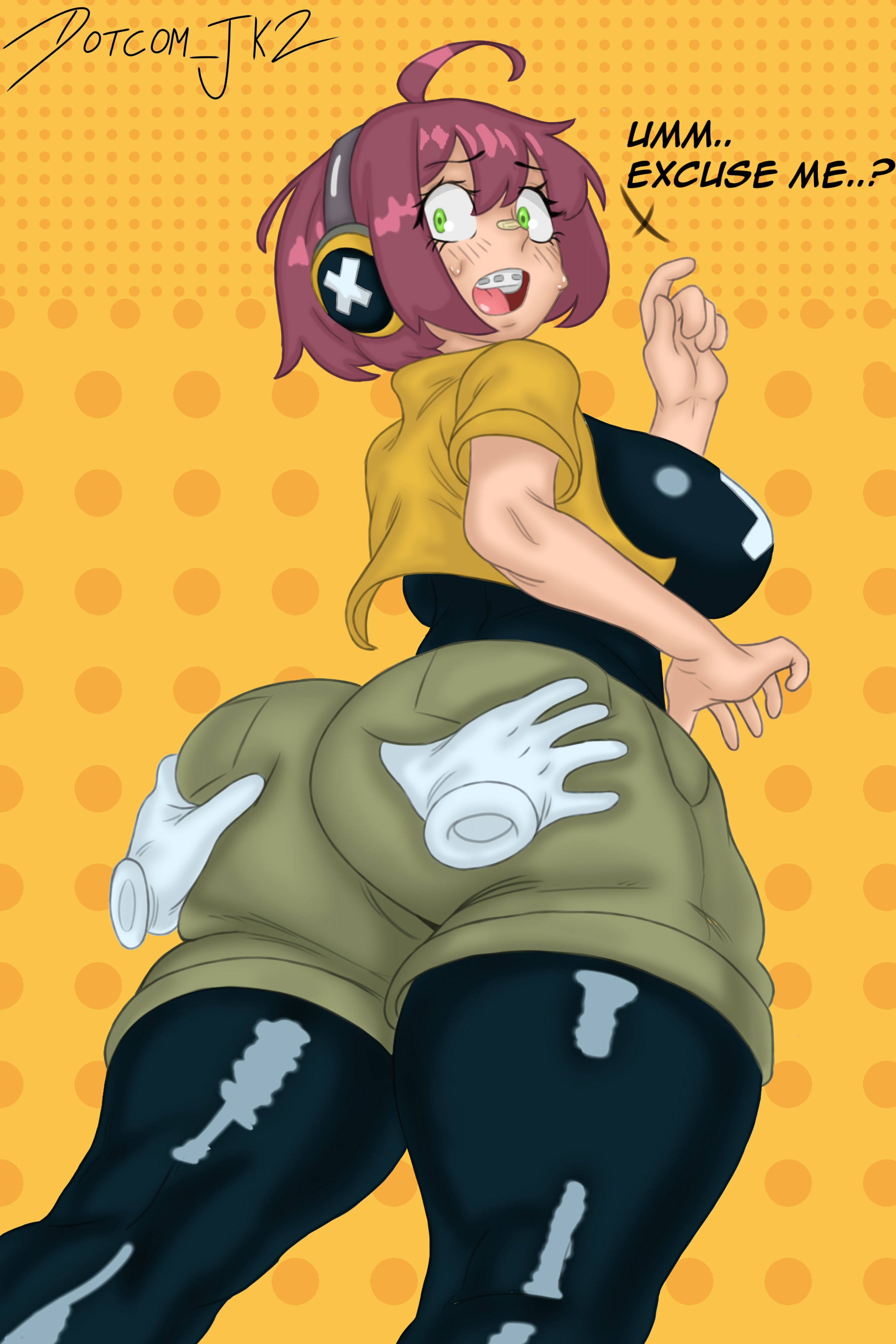 1girls, 2026, ahoge, blush, blush lines, blushing, boobs, braces, breasts, brown hair, clothing, dotcom jk2, dumfer, eyelashes, fat ass, female, green eyes, headphones, rule 63, sideboob, simple background, skarp world, stockings, text