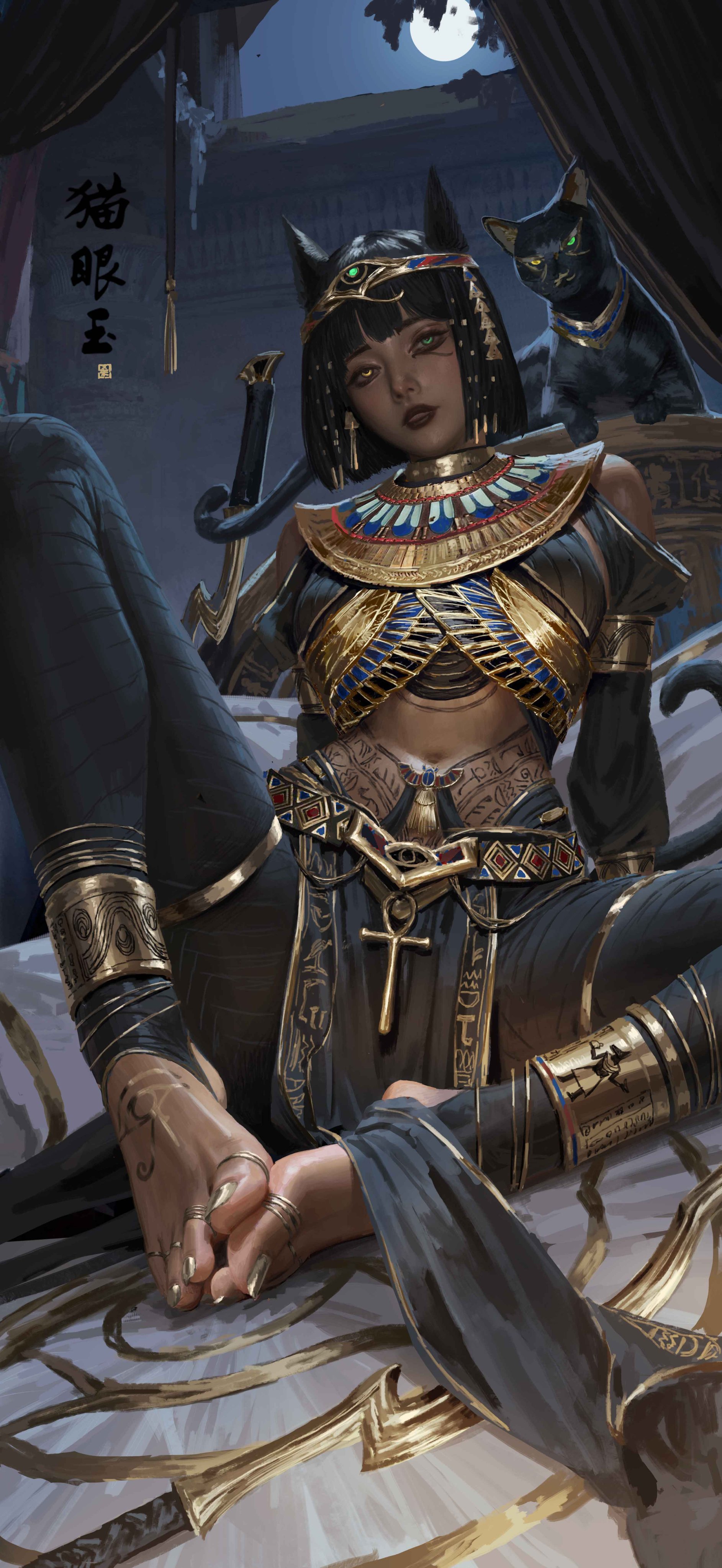 1girls, ankh, anklewear, bare shoulders, barefoot, belly tattoo, black cat, black clothing, black hair, black legwear, black lipstick, body paint, brown body, brown skin, cat ears, cat girl, cat tail, different eye color, egyptian, egyptian cat, egyptian clothing, egyptian female, egyptian headdress, egyptian mythology, eye of horus, feet, feet together, feet together knees apart, feline, gold toenails, golden clothing, golden hair ornaments, hair ornament, hieroglyphics, legs, long legs, masterpiece, medium breasts, moon, moonlight, oc, on bed, original, original character, sangdelan, seductive, seductive pose, spread legs, stirrup legwear, stirrup socks, tan body, tan skin, tattoo, temple, temptation, thighs, thin female, thin thighs, toe ring, toenail polish, toenails, toes