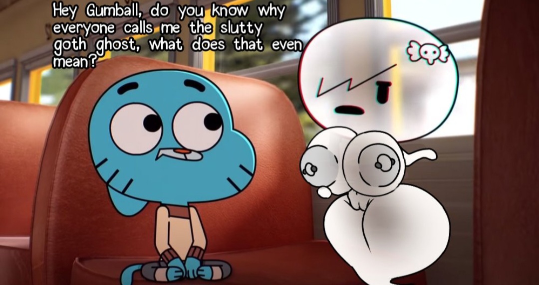 1boy, 1boy1girl, 1girls, big ass, big breasts, bubble butt, carrie krueger, curvy figure, edit, editorl, english text, fat ass, ghost, ghost girl, gumball watterson, huge ass, huge breasts, intangibility, intangible, nipple piercing, screenshot, screenshot edit, text, the amazing world of gumball, thick thighs