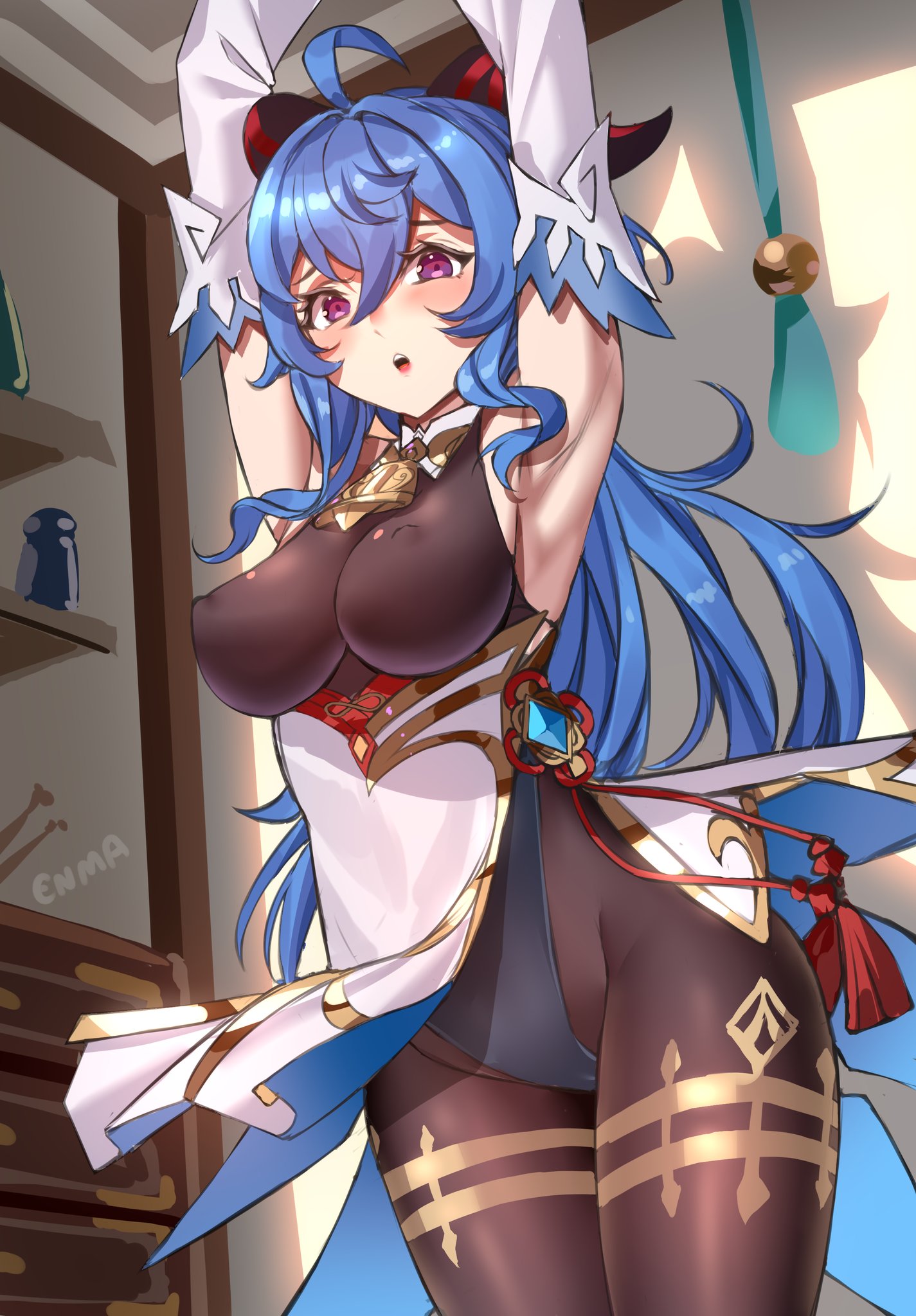:o, 1girls, ahoge, armpits, arms up, artist name, bell, black bodystocking, black horns, black leotard, black pantyhose, blue hair, blush, breasts, commentary, covered erect nipples, cowbell, detached sleeves, english commentary, enma (enmanuelart), enmanuelart20, eyelashes, female, female only, ganyu (genshin impact), genshin impact, goat horns, hair between eyes, halterneck, highres, horns, indoors, large breasts, leotard, long hair, long sleeves, looking to the side, multicolored horns, open mouth, pantyhose, purple eyes, red horns, shadow, sidelocks, solo, tassel, teeth, two-tone horns, upper teeth only, vision (genshin impact), waist cape, white sleeves