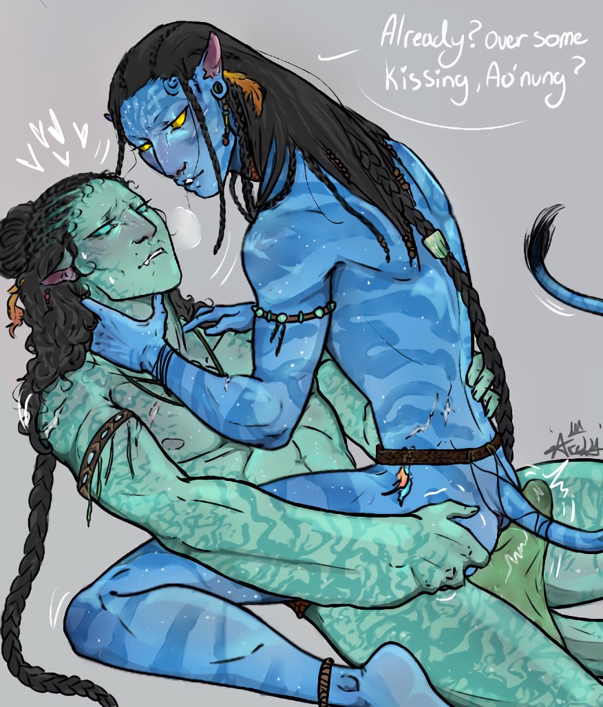 2boys, alien, alien humanoid, aonung, avatar, avatar: the way of water, black hair, blue body, blue skin, braid, bulge, cyan eyes, dialogue, duo, duo focus, ear gauge, erection, functionally nude, functionally nude male, gauged ear, gay, gay sex, humanoid, interracial, long hair, long hair male, male, male only, male/male, na'vi, neteyam, non-human, non-human only, partially clothed, penis, pointy ears, queue (hairstyle), scar, scars, striped body, stripes, tail, teal body, teal skin, tenting, yaoi, yellow eyes