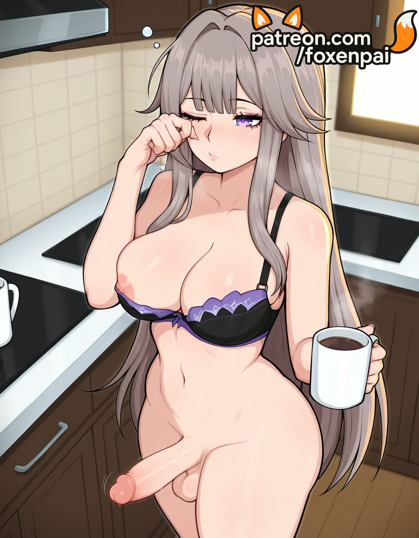 1futa, 2026, ai generated, artist name, bathroom, bottomless, bra, breasts, bust, chest, cock, coffee, coffee mug, cup, dick, erection, exposed nipples, foreskin, foxenpai, futanari, herta (honkai: star rail), hi res, high quality, high resolution, highres, holding cup, honkai (series), honkai: star rail, kitchen, long hair, male focus, mug, navel, nipples, nipples outside, otoko no ko, panties, patreon, patreon username, penis, phimosis, purple eyes, restroom, saucer, sink, sleepy, solo, stable diffusion, teacup, testicles, the herta (honkai: star rail), tile floor, tiles, toilet, toilet paper, uncensored, underwear, watermark