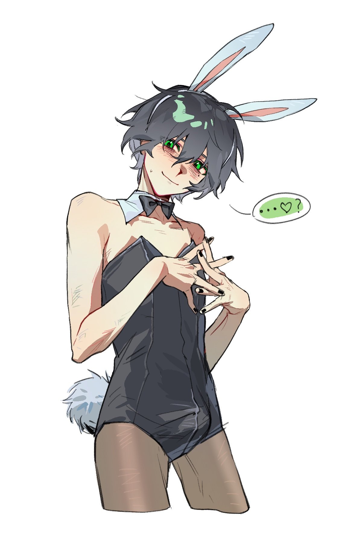 black hair, blush, bulge, bulge through clothing, bunny ears, bunnysuit, degrees of lewdity, femboy, green eyes, kylar (dol), male only, nervous, nervous smile, pale skin, pale-skinned male, solo male, twink