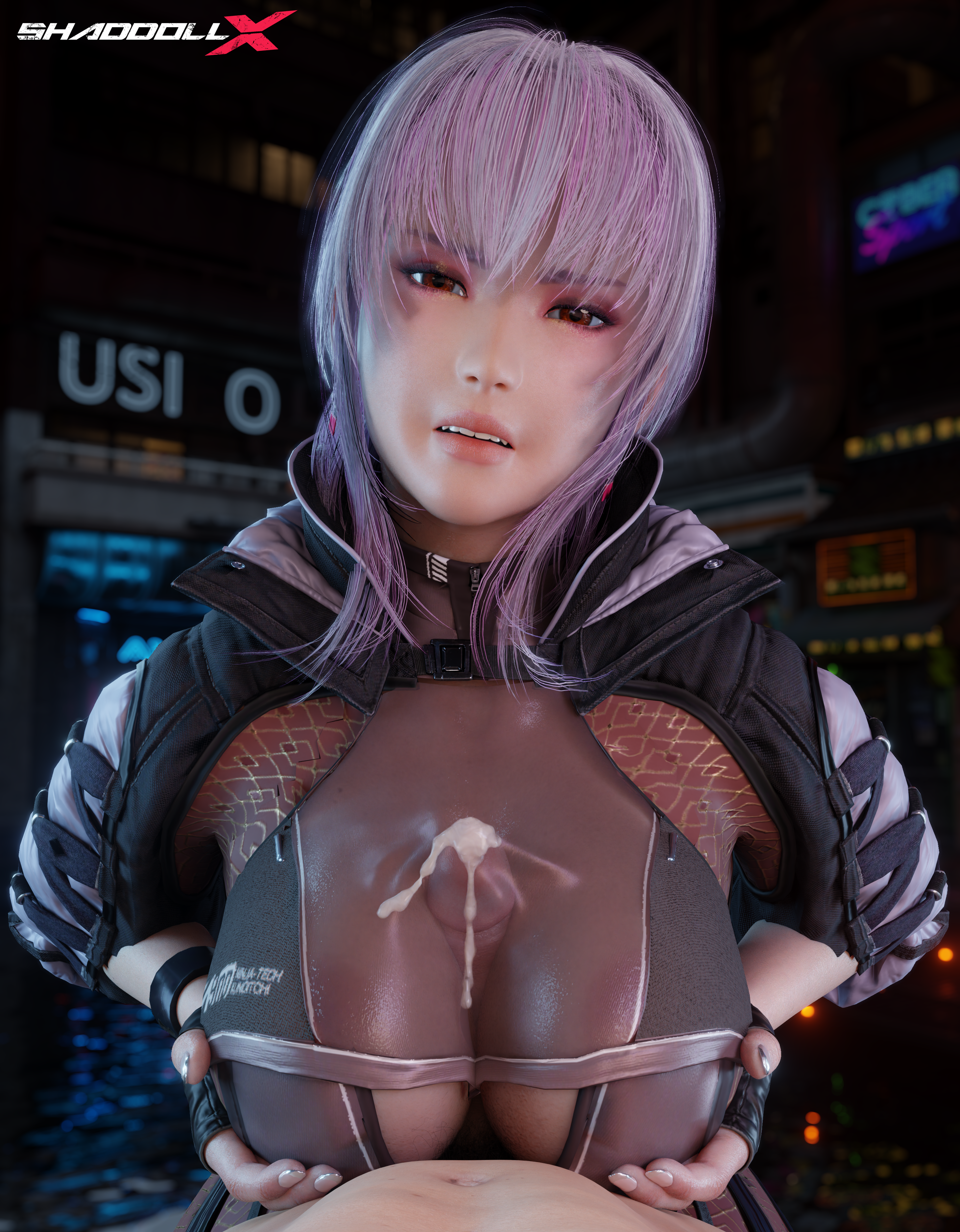 1boy, 1girls, 3d, 3d (artwork), 3d model, 3d render, absurd res, angry, angry expression, angry face, ayane (doa), boobjob, breasts, clothed, clothed female nude male, clothing, cum under clothes, dead or alive, ejaculation, ejaculation between breasts, hd, high resolution, highres, japanese female, leotard, looking at viewer, ninja gaiden, ninja gaiden 4, paizuri, paizuri under clothes, penis, purple hair, sexy pose, shaddoll x, titjob, titjob under clothes