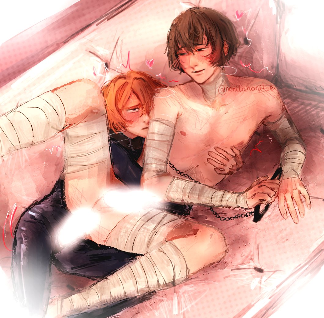 anal, anal sex, bandage, blush, bungo stray dogs, chains, choker, chuuya nakahara, clothed male nude male, dazai osamu, latex, nonilanonil e, sofa, sofa sex