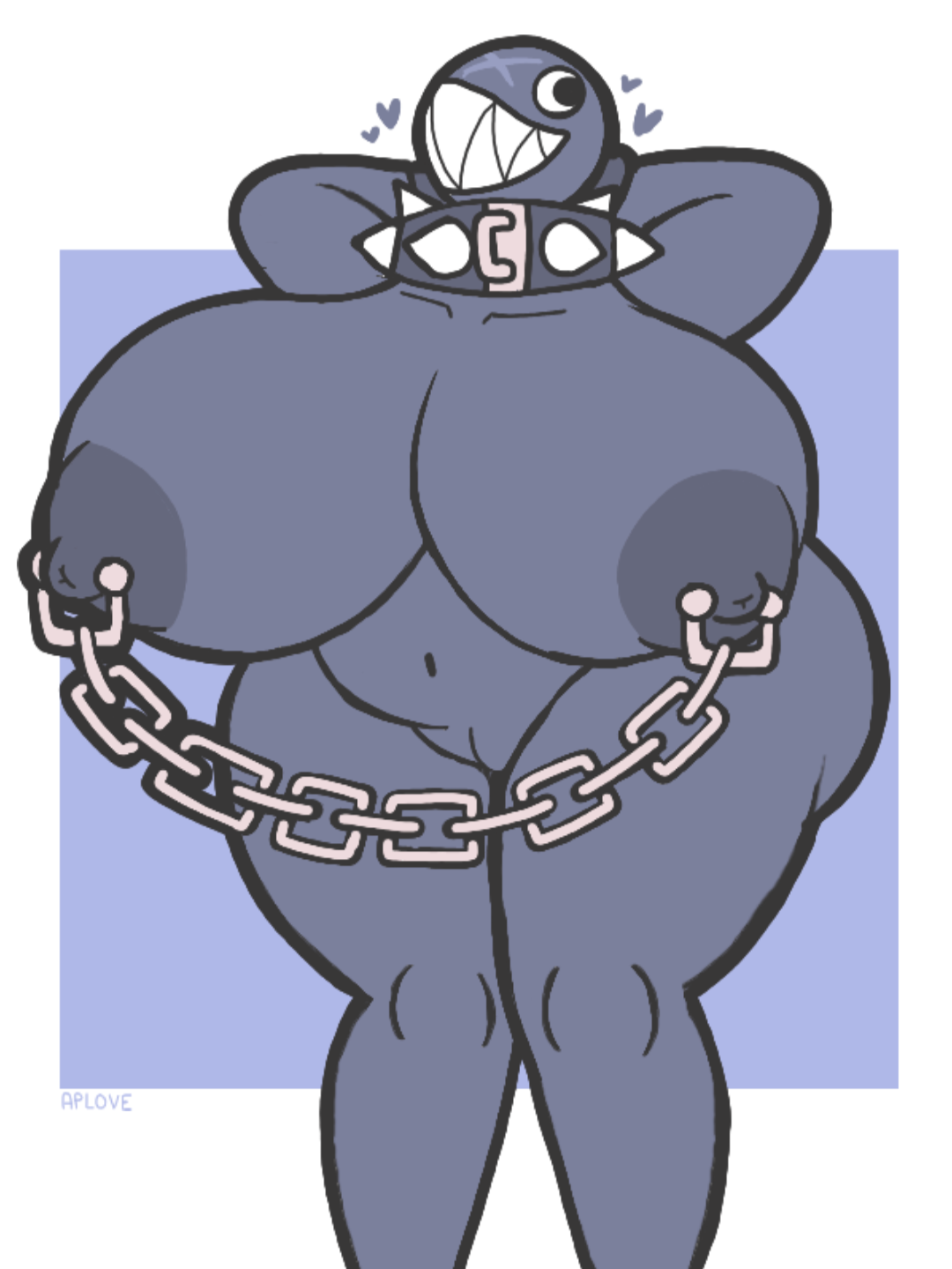anthro, aplovestudio, chain chomp, chains, dark skin, gigantic breasts, gigi (thecoatl034), huge breasts, huge nipples, larger female, mario (series), nude, nude female, pierced nipples, piercings, scar, sharp teeth, solo female, spiked collar