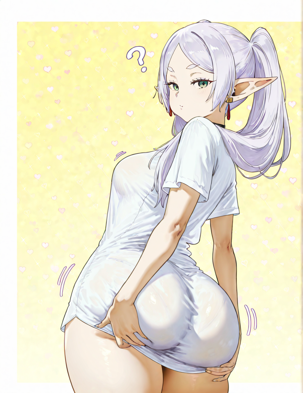 ?, 1girls, ai generated, ass, ass focus, elf, female, female focus, female only, floresai, frieren, frieren beyond journey's end, hands on ass, huge ass, huge butt, medium breasts, narrow waist, oversized shirt, patreon, patreon url, patreon username, petite, slender frame, thick thighs, wide hips