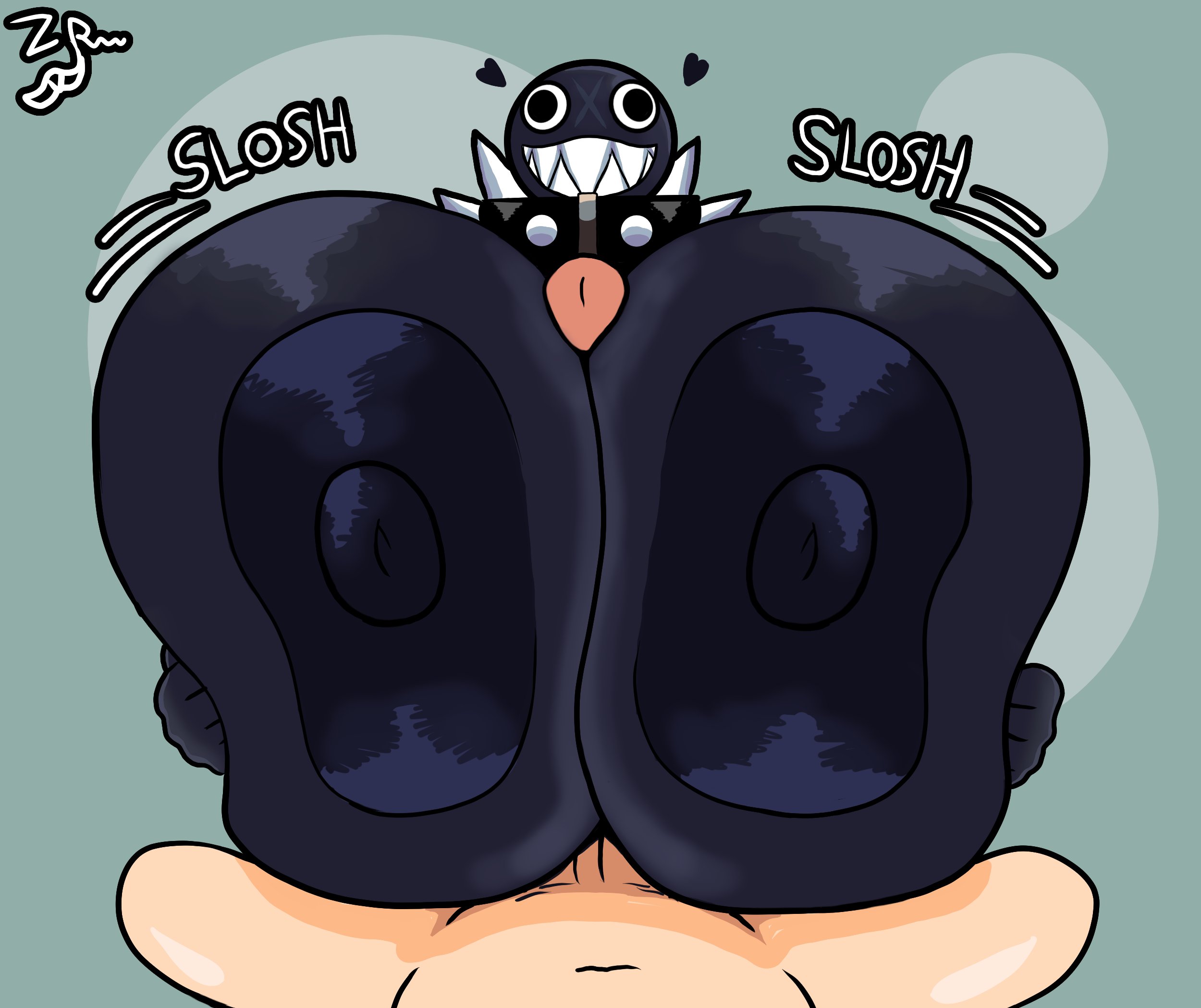 anthro, areola, ass, belly, big breasts, big butt, black body, breast grab, breast squish, breasts, breasts bigger than head, chain chomp, chains, female, flexing, gigi (thecoatl034), glistening, glistening body, huge breasts, hyper, hyper breasts, male, mario (series), nintendo, nipples, open mouth, paizuri, penis, piercing, solo, squish, titfuck, zorkoth