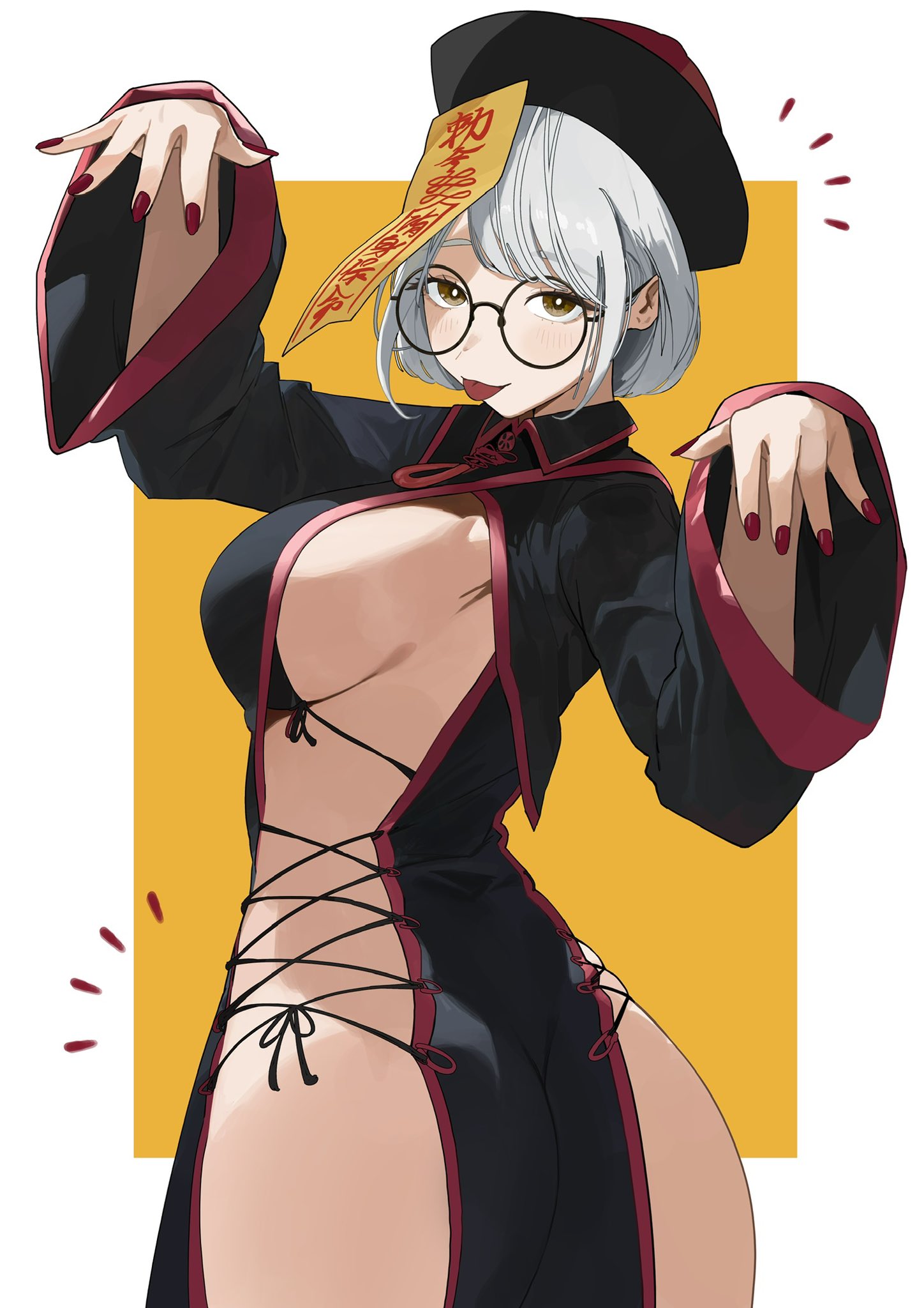 ass, breasts, china dress, chinese clothes, dress, female, female only, glasses, hat, highres, jiangshi, jiangshi costume, large breasts, looking at viewer, nail polish, no panties, ofuda, ofuda on head, original, outstretched arms, qingdai guanmao, red nails, round eyewear, short hair, sideboob, solo, string, ushiwaka 06, white hair, wide sleeves, yellow eyes, zombie pose