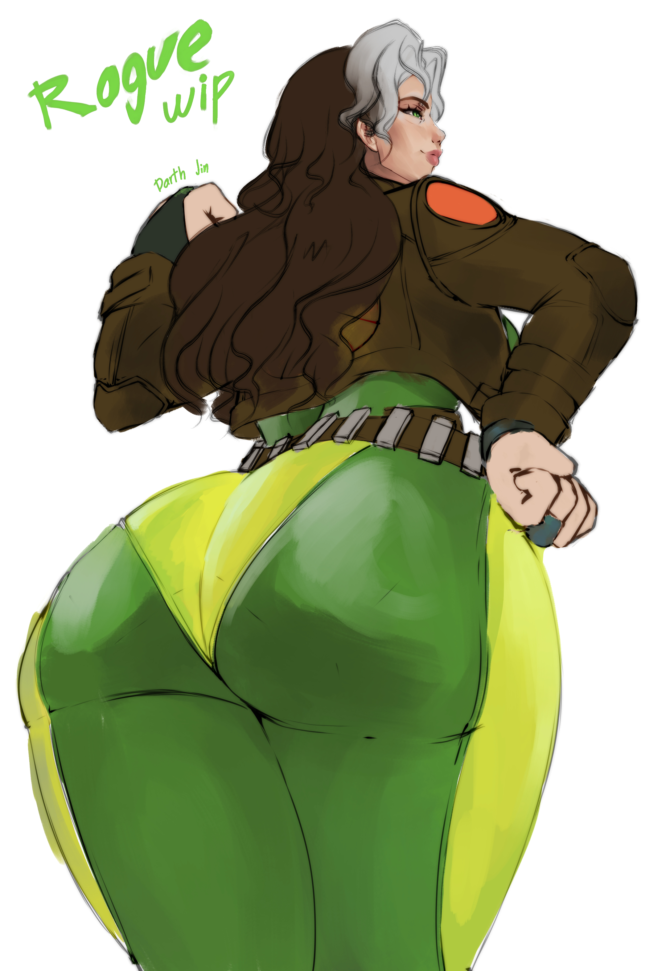 arm up, ass, ass bigger than head, ass focus, big ass, brunnette, colored sketch, darth jin, fully clothed, leather jacket, leather straps, marvel, marvel comics, marvel rivals, milf, rogue (marvel rivals), rogue (x-men), sexy body, sexy pose, sketch, strong female, superhero costume, superheroine, thick ass, thick hips, thick legs, thick thighs, viewed from below, white background, white hair