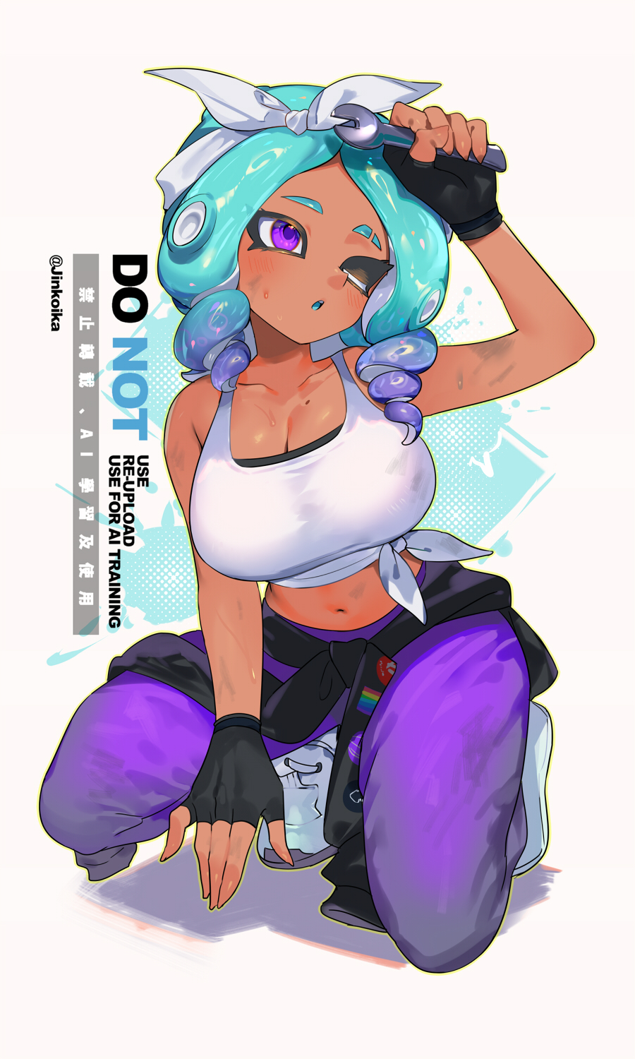 ;o, 1girls, bare shoulders, black gloves, blue hair, blue tongue, bow, bow hairband, breasts, cleavage, clothes around waist, colored tongue, commentary, dark skin, dark-skinned female, eyebrow cut, female, fingerless gloves, full body, gloves, gradient hair, hairband, hairbow, hand on own head, highres, holding, holding wrench, jinkoika, large breasts, medium hair, midriff, mole, mole on breast, multicolored hair, navel, nintendo, octoling, octoling girl, octoling player character, one eye closed, open mouth, pants, purple eyes, purple hair, purple pants, shirt, shoes, solo, splatoon, splatoon (series), squatting, tentacle hair, tied shirt, white bow, white hairband, white shirt, white shoes, wrench