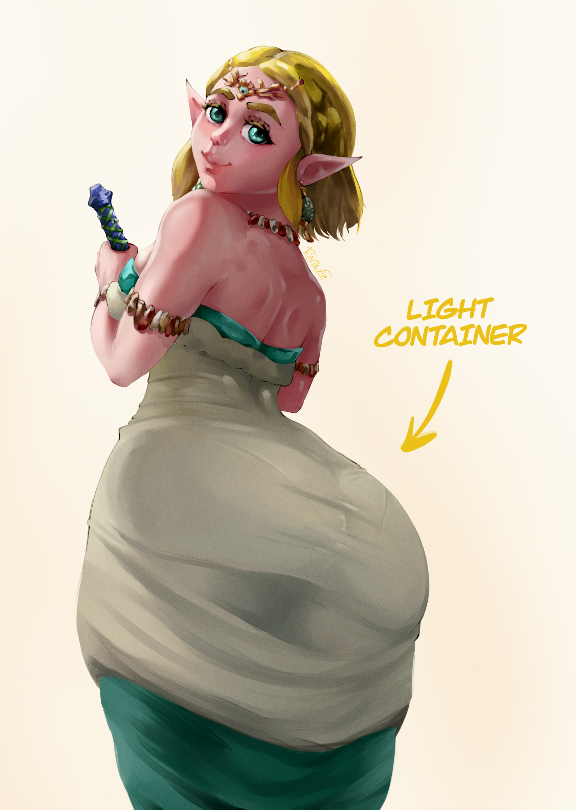 ass, ass focus, big ass, big breasts, big butt, big ears, blonde eyebrows, blonde female, blonde hair, blonde hair female, blonde-haired female, blue eyes, cute, cute expression, cute face, darth jin, dress, elf ears, evil container, heavenly ass, heavenly body, panties visible through clothing, princess zelda, smile, sword, tears of the kingdom, the legend of zelda, thick ass, thick eyebrows, tight clothing, zelda (tears of the kingdom)