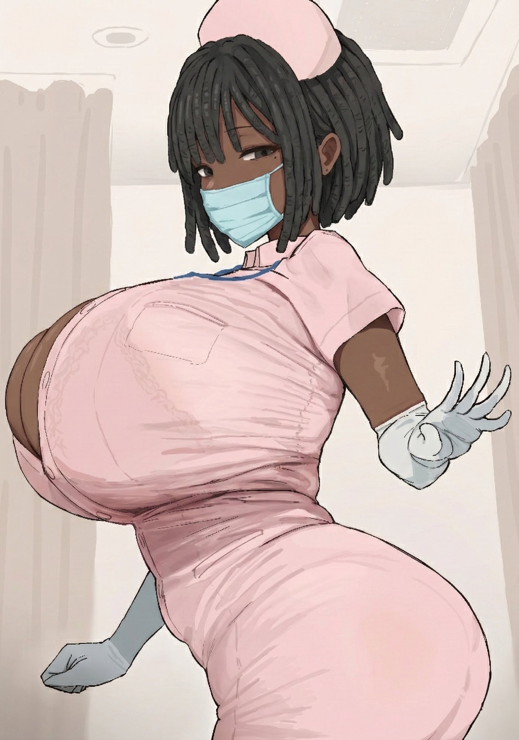1girls, african female, ai generated, beauty mark, big ass, big breasts, black eyes, black hair, black woman, bob cut, clenched teeth, dark skin, dark-skinned female, dreadlocks, face mask, facemask, female, female only, gloves, huge breasts, looking at viewer, mask, mole, mole under eye, nurse, nurse cap, nurse uniform, original, original character, short hair, side view, solo, solo female, thick, thick ass, viewed from side