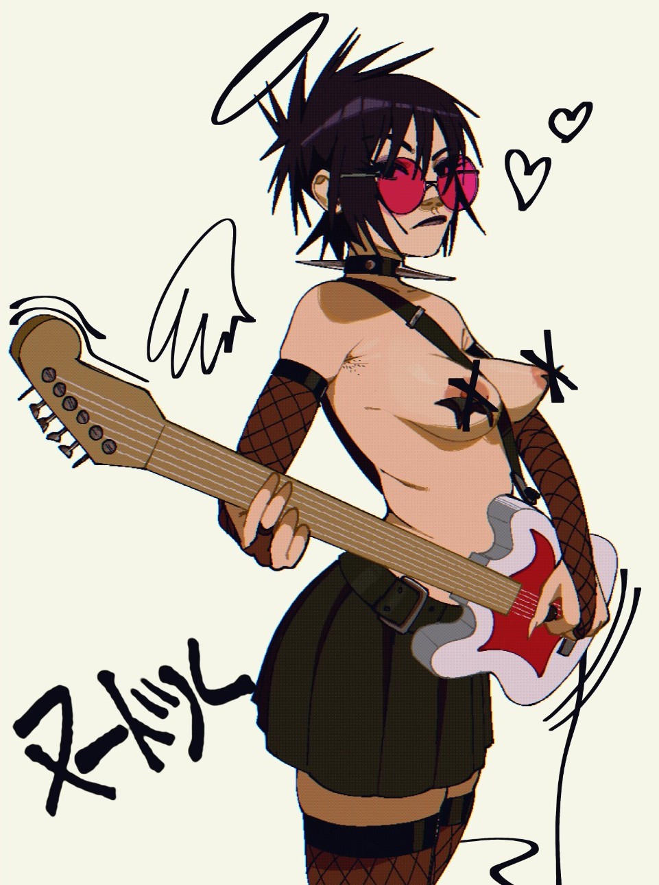asian, asian female, dark hair, female, female focus, female only, glasses, gorillaz, guitar, half dressed, half naked, half nude, half-dressed, holding, holding object, japanese, japanese female, light skin, light-skinned female, looking at viewer, noodle (gorillaz), skirt, thighhighs