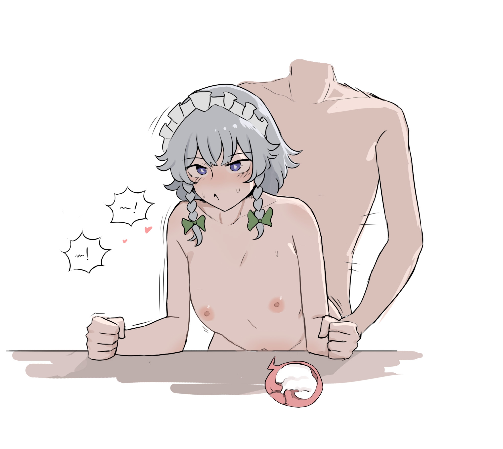 1boy, 1girls, areolae, bent over, breasts, cross section, cum, cum in pussy, cum inside, doggy style, female, flat chest, grey hair, hair ornament, hair ribbon, heart, male, mata (matasoup), nipples, nude, nude female, nude male, sakuya izayoi, small breasts, tagme, touhou