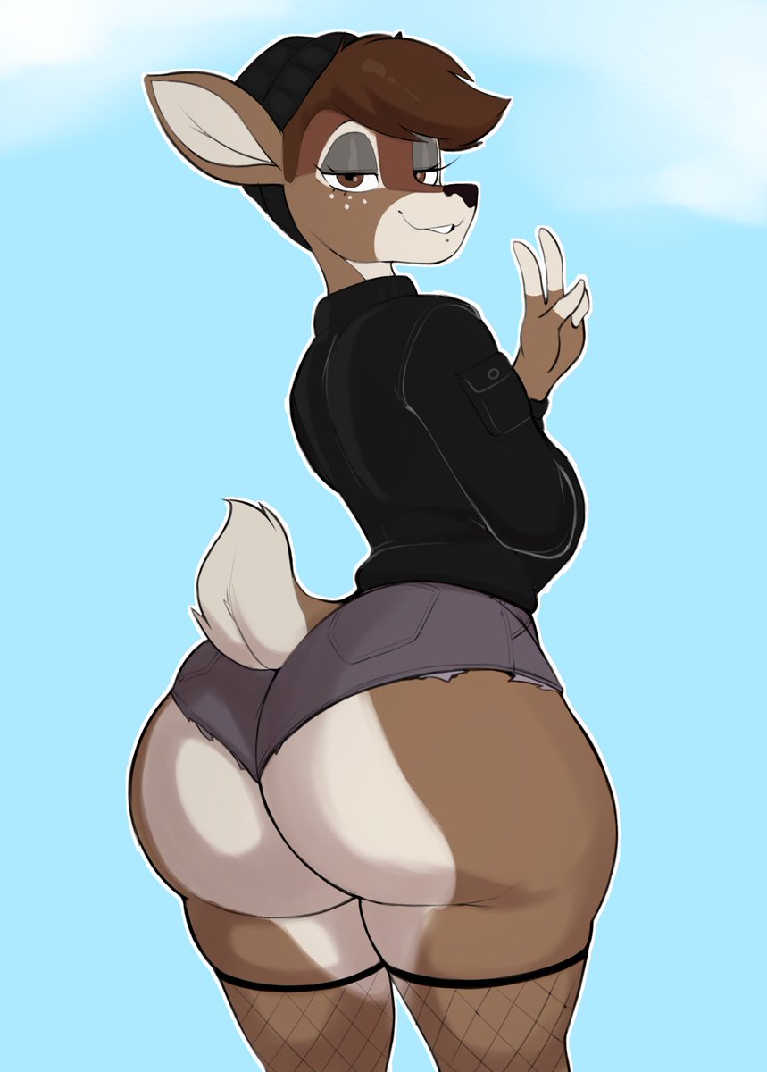 2d (artwork), alternative fashion, anthro only, bell (bellum32), biped, black beanie, black clothing, black hat, black jacket, brown body, brown fur, brown hair, dark eyelids, deer, denim, denim shorts, eyelashes, femboy, fishnet clothing, fishnet legwear, freckled face, furry, glistening eyelids, goth, goth femboy, hand gesture, long eyelashes, looking at viewer, makeup, male, mammal, multicolored body, multicolored fur, narrowed eyes, seductive, skimpy, skyscape, smiling at viewer, thick ass, thick thighs, tight shorts, torn clothing, torn shorts, usnarbit, v sign