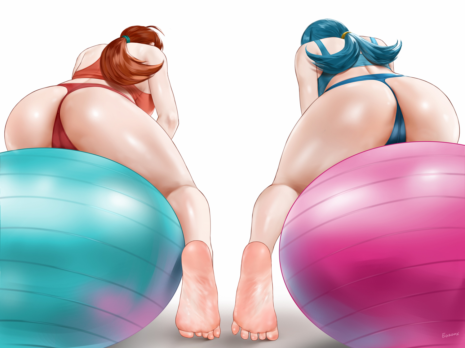 2girls, ass, barefoot, blue hair, brown hair, cameltoe, delia ketchum, delia ketchum (pokemon), easonx, feet, female, female only, lana's mother (pokemon), long hair, mature female, multiple girls, nintendo, pokemon, pokemon (anime), pokemon sm (anime), soles, sports bra, toes