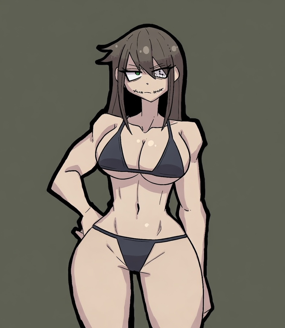 1girls, big breasts, bikini, brown hair, clockwork (creepypasta), creepypasta, green eyes, solo